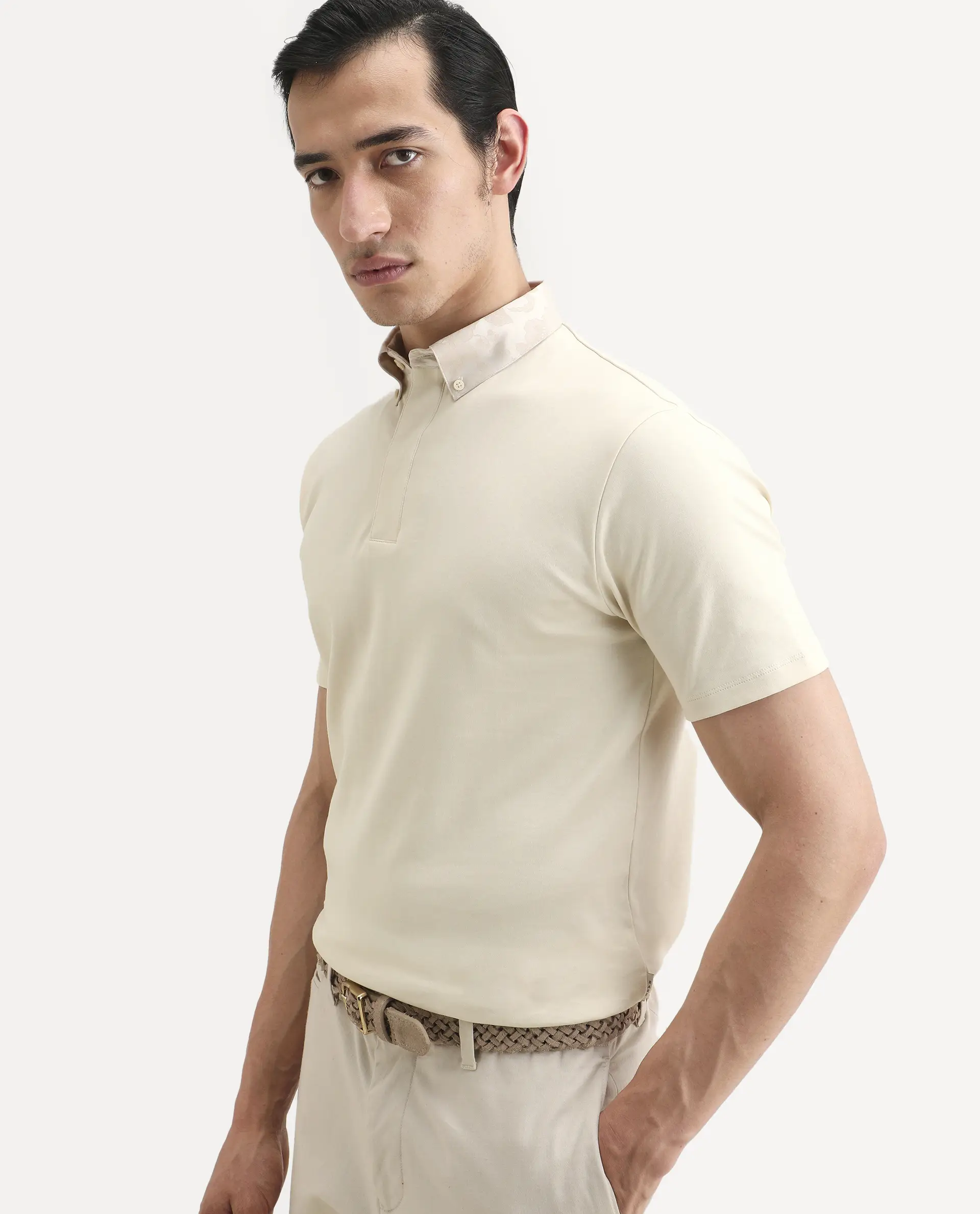 Rare Rabbit Men's Ringer-S26 Light Beige Cotton Fabric Half Sleeve Spread Collar Regular Fit Plain Polo