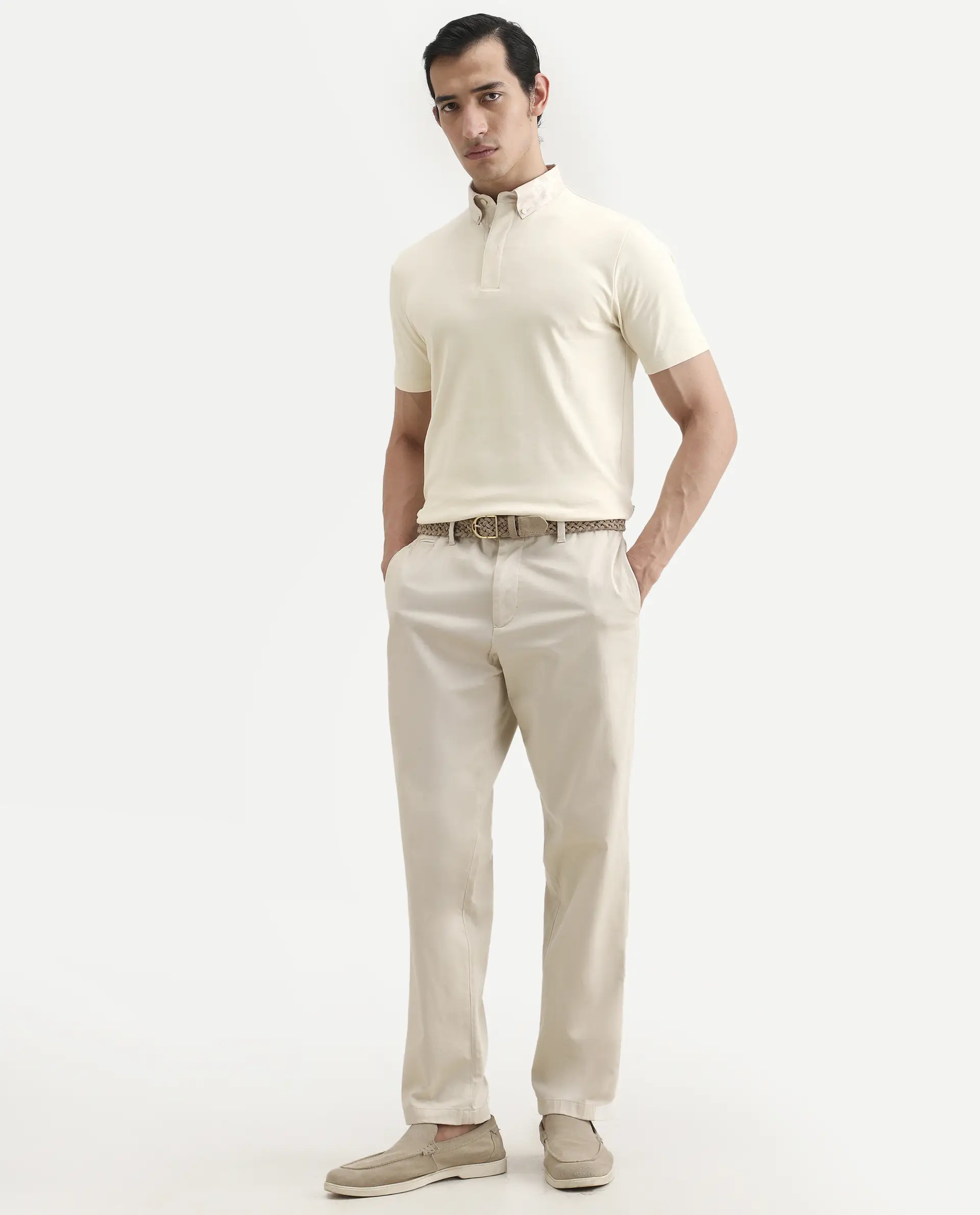 Rare Rabbit Men's Ringer-S26 Light Beige Cotton Fabric Half Sleeve Spread Collar Regular Fit Plain Polo - Image 2
