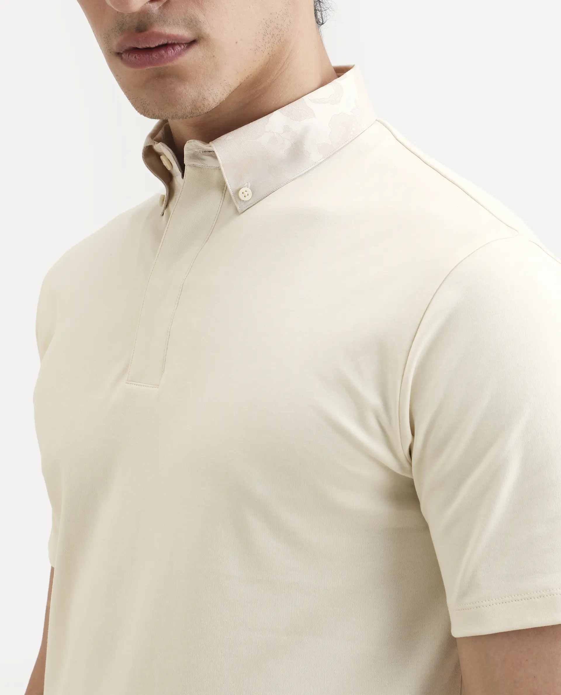 Rare Rabbit Men's Ringer-S26 Light Beige Cotton Fabric Half Sleeve Spread Collar Regular Fit Plain Polo - Image 3