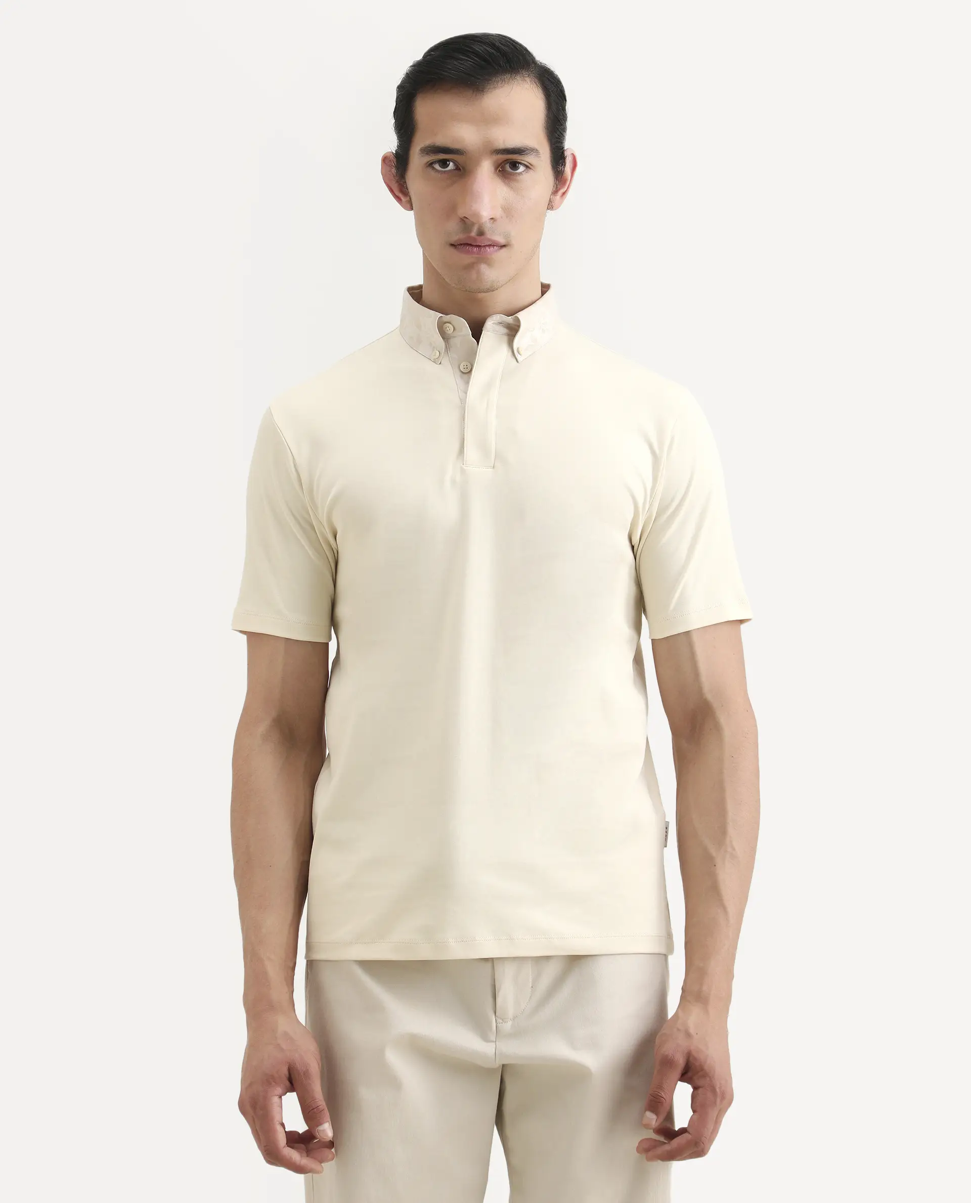 Rare Rabbit Men's Ringer-S26 Light Beige Cotton Fabric Half Sleeve Spread Collar Regular Fit Plain Polo - Image 4
