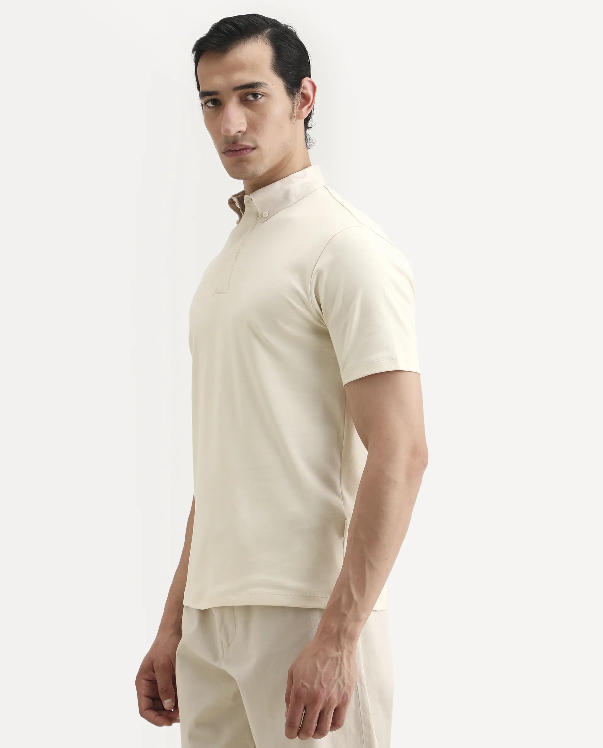 Rare Rabbit Men's Ringer-S26 Light Beige Cotton Fabric Half Sleeve Spread Collar Regular Fit Plain Polo - Image 5