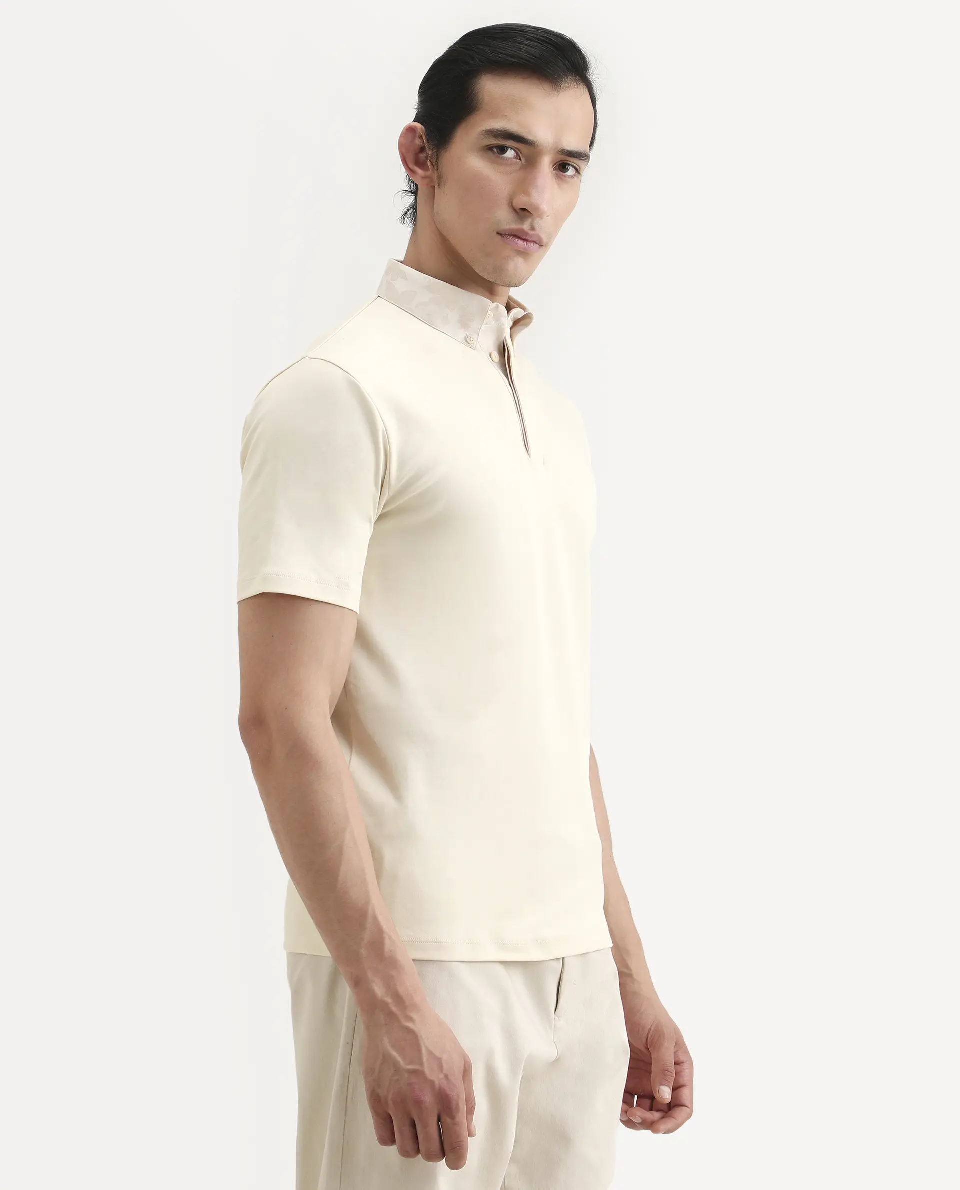 Rare Rabbit Men's Ringer-S26 Light Beige Cotton Fabric Half Sleeve Spread Collar Regular Fit Plain Polo - Image 6