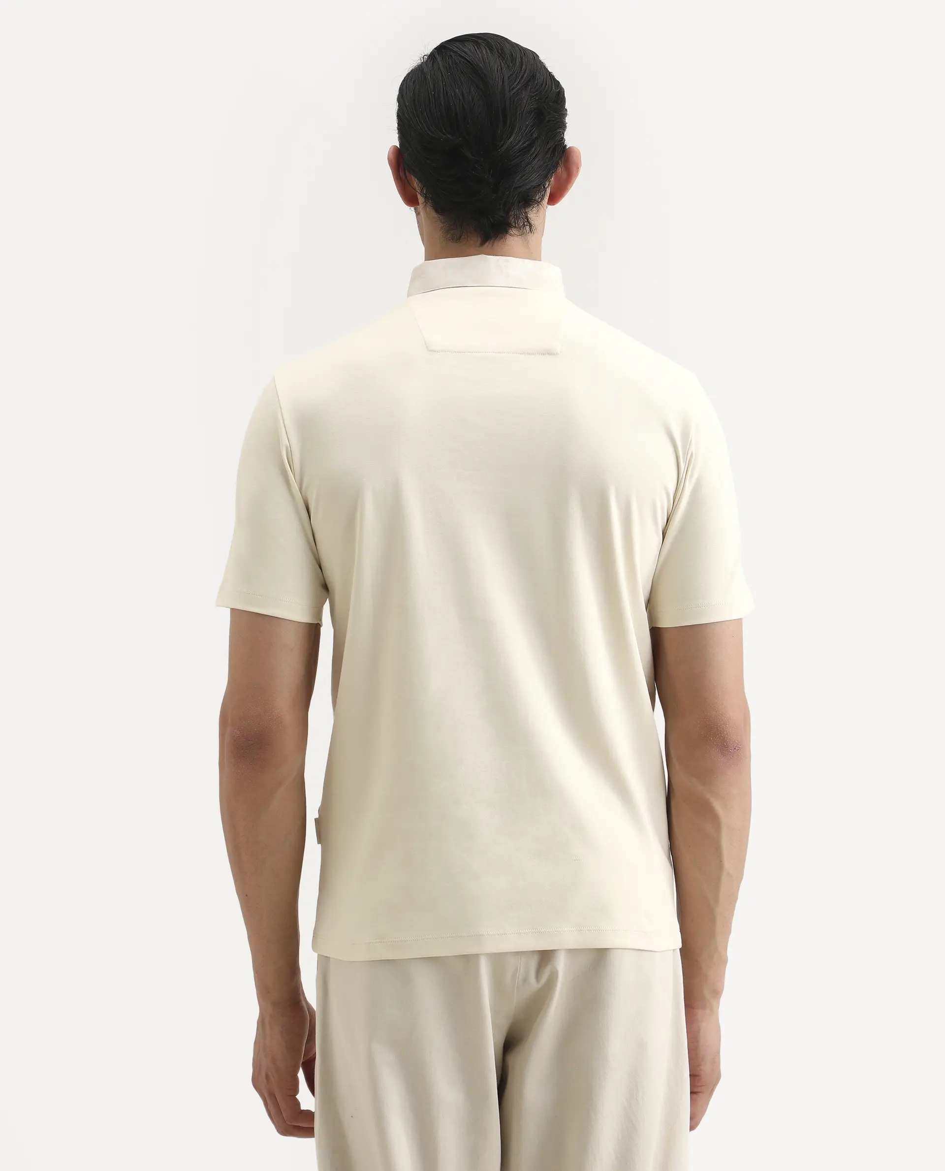 Rare Rabbit Men's Ringer-S26 Light Beige Cotton Fabric Half Sleeve Spread Collar Regular Fit Plain Polo - Image 7