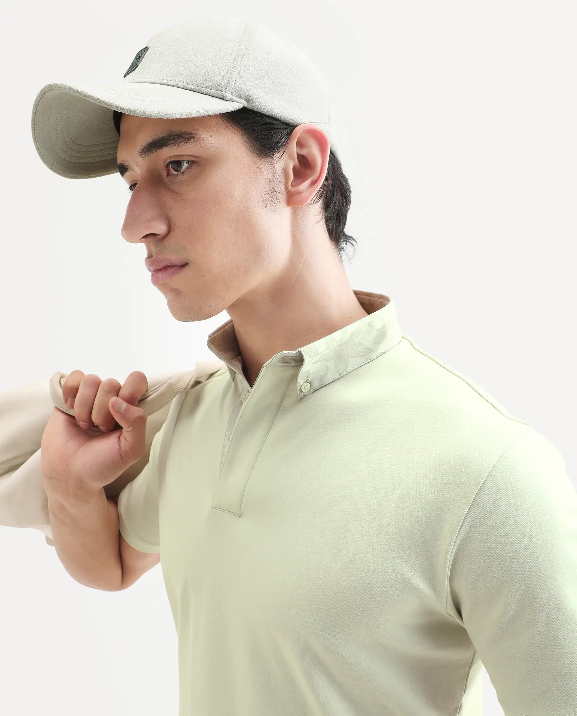 Rare Rabbit Men's Ringer-S26 Pastel Green Cotton Fabric Half Sleeve Spread Collar Regular Fit Plain Polo