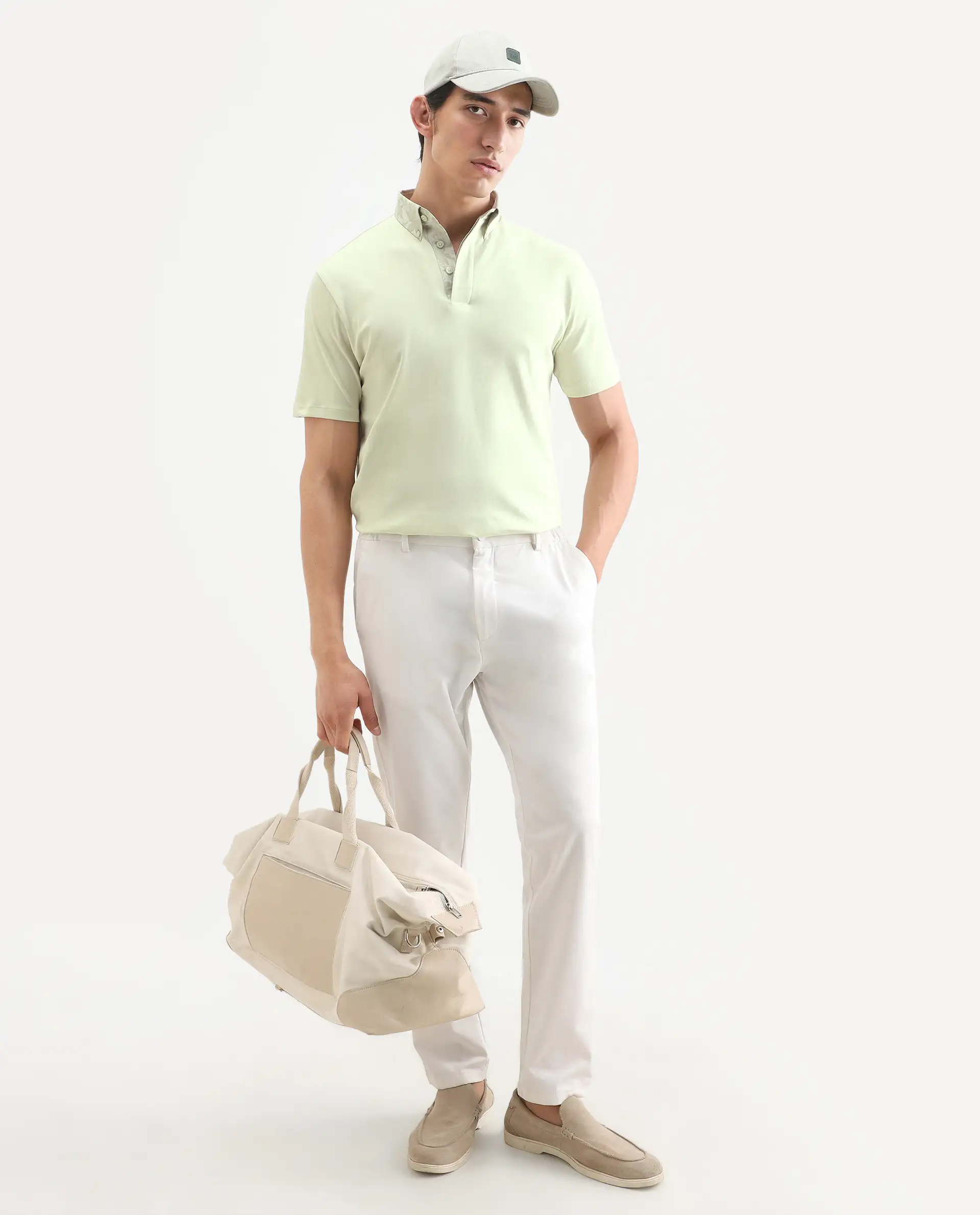Rare Rabbit Men's Ringer-S26 Pastel Green Cotton Fabric Half Sleeve Spread Collar Regular Fit Plain Polo - Image 2