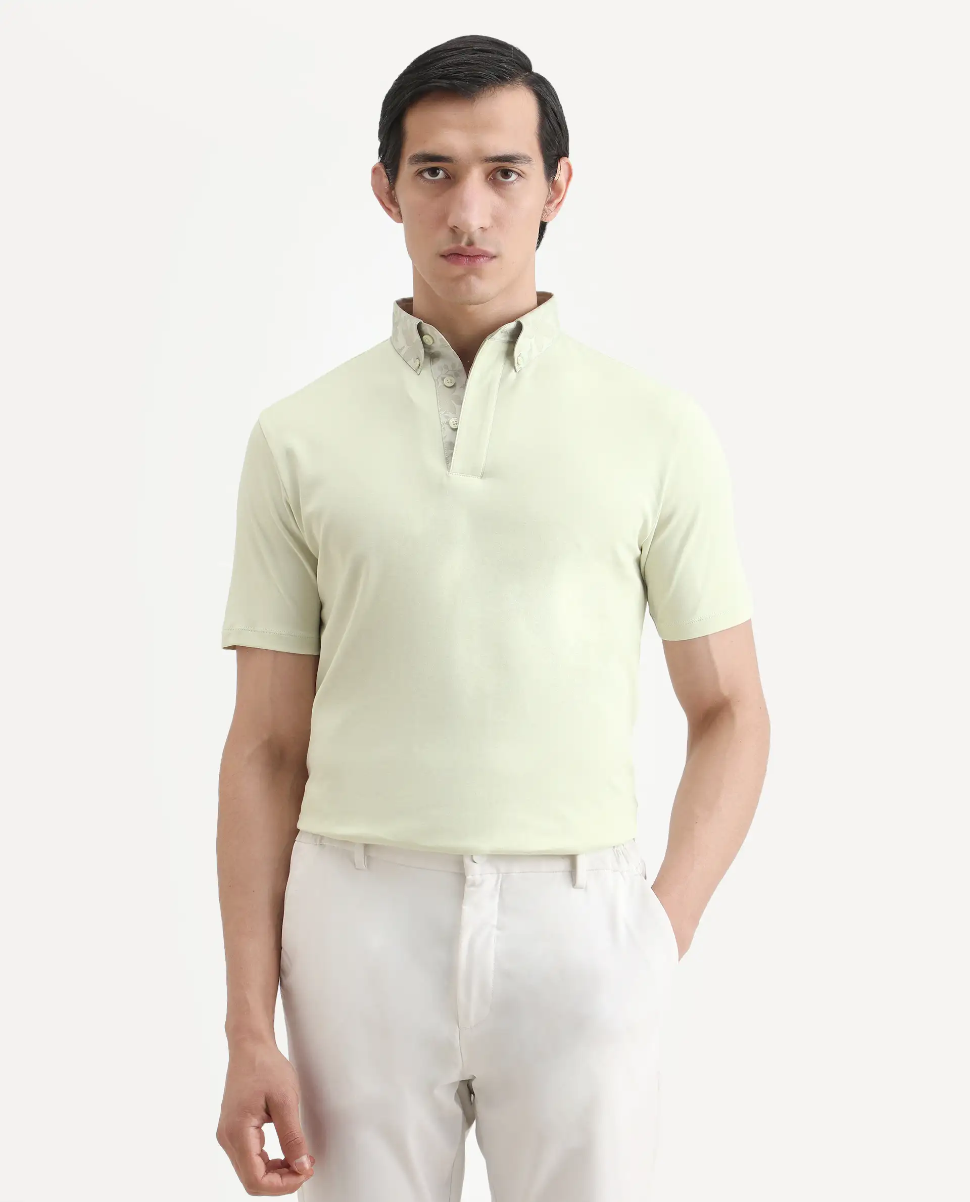 Rare Rabbit Men's Ringer-S26 Pastel Green Cotton Fabric Half Sleeve Spread Collar Regular Fit Plain Polo - Image 3