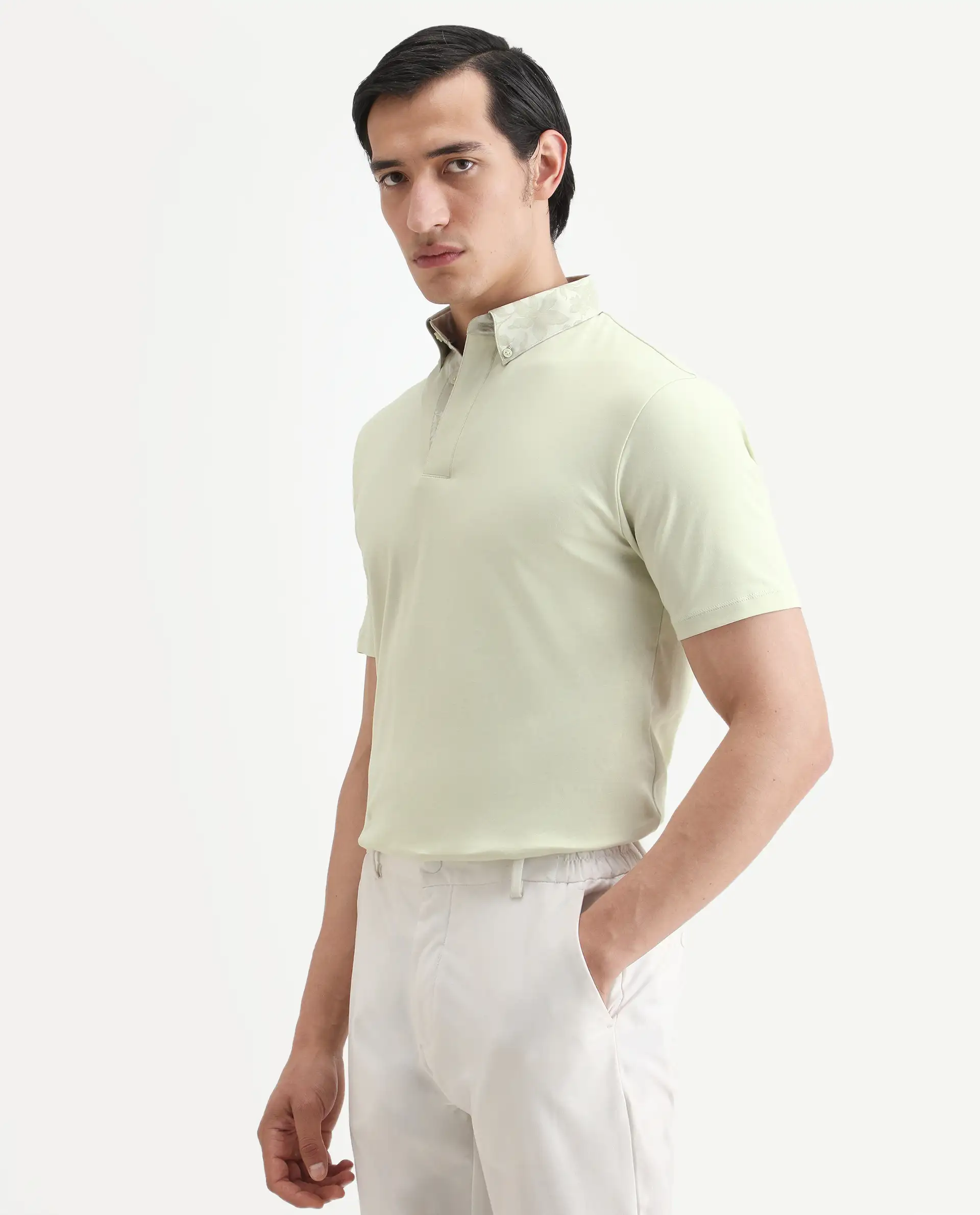 Rare Rabbit Men's Ringer-S26 Pastel Green Cotton Fabric Half Sleeve Spread Collar Regular Fit Plain Polo - Image 5
