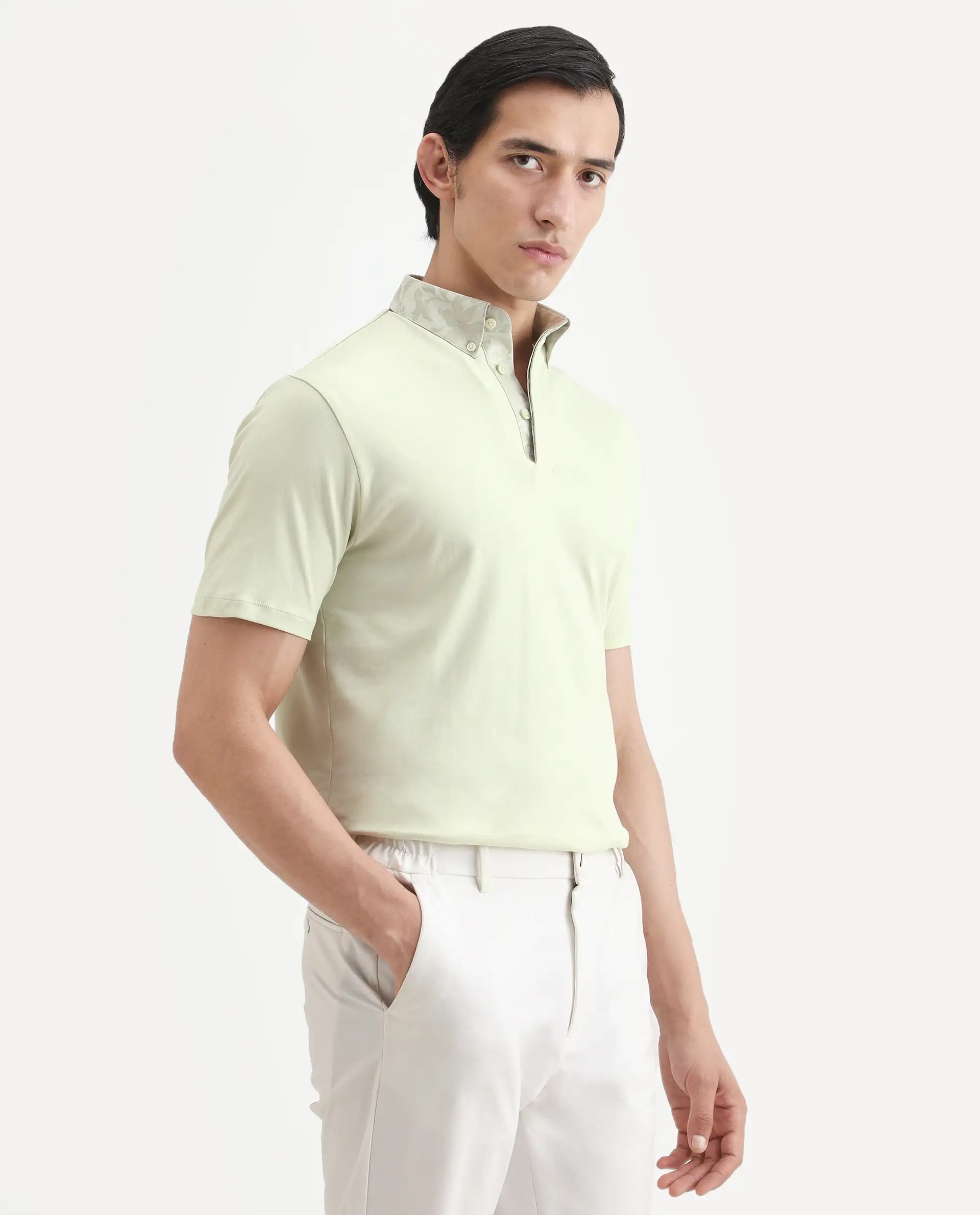 Rare Rabbit Men's Ringer-S26 Pastel Green Cotton Fabric Half Sleeve Spread Collar Regular Fit Plain Polo - Image 6