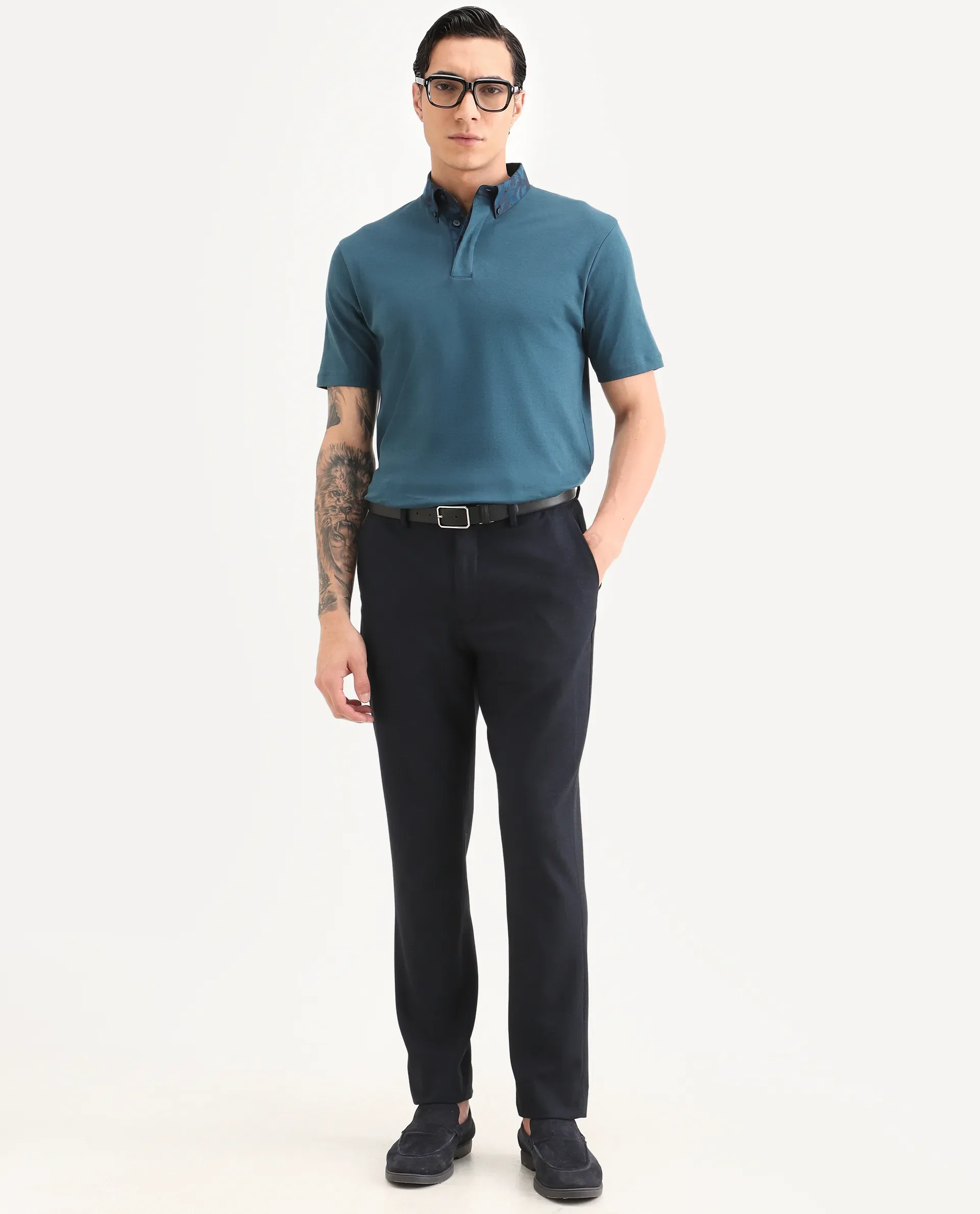 Rare Rabbit Men's Ringer-S26 Teal Cotton Fabric Half Sleeve Spread Collar Regular Fit Plain Polo - Image 2