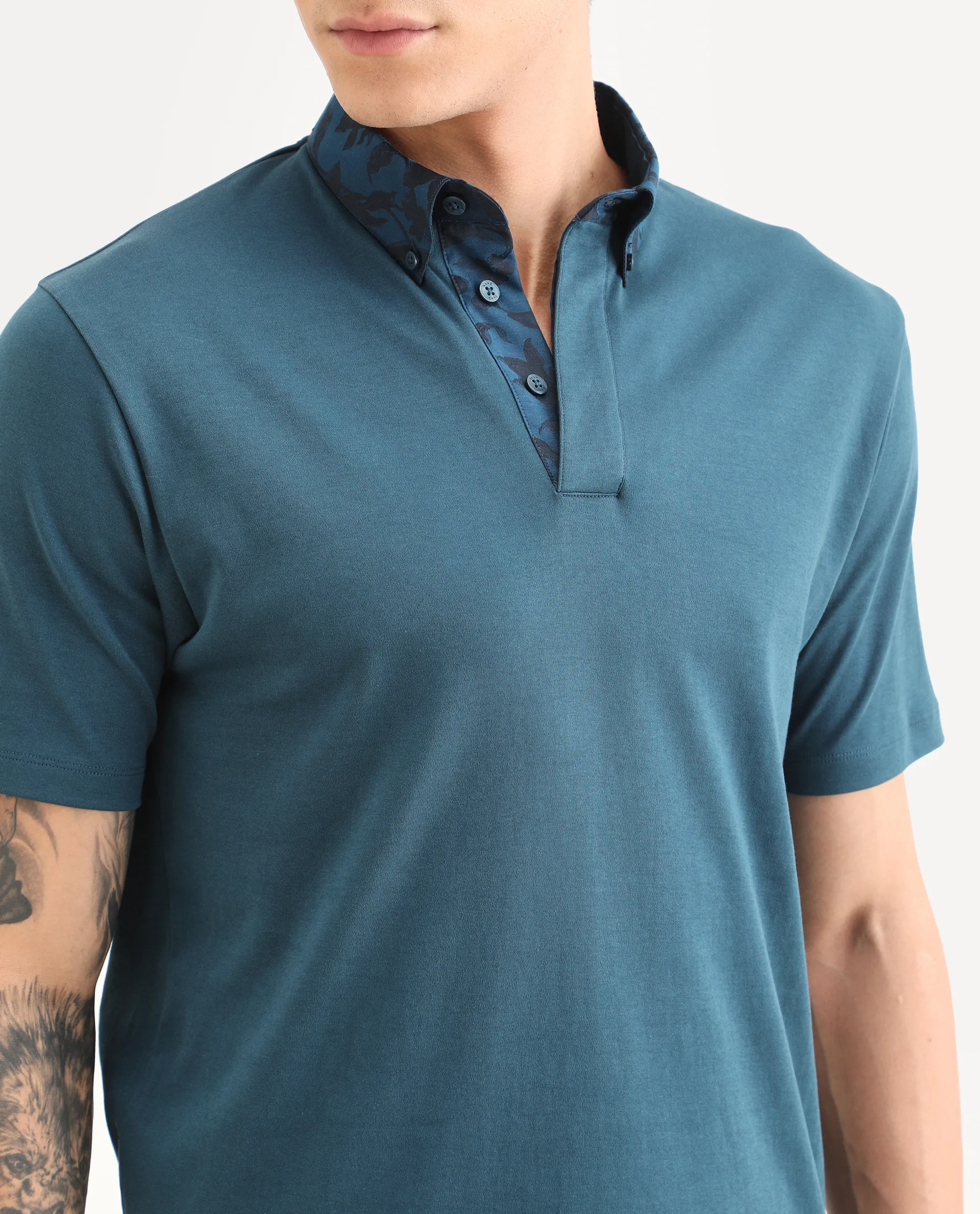 Rare Rabbit Men's Ringer-S26 Teal Cotton Fabric Half Sleeve Spread Collar Regular Fit Plain Polo - Image 3