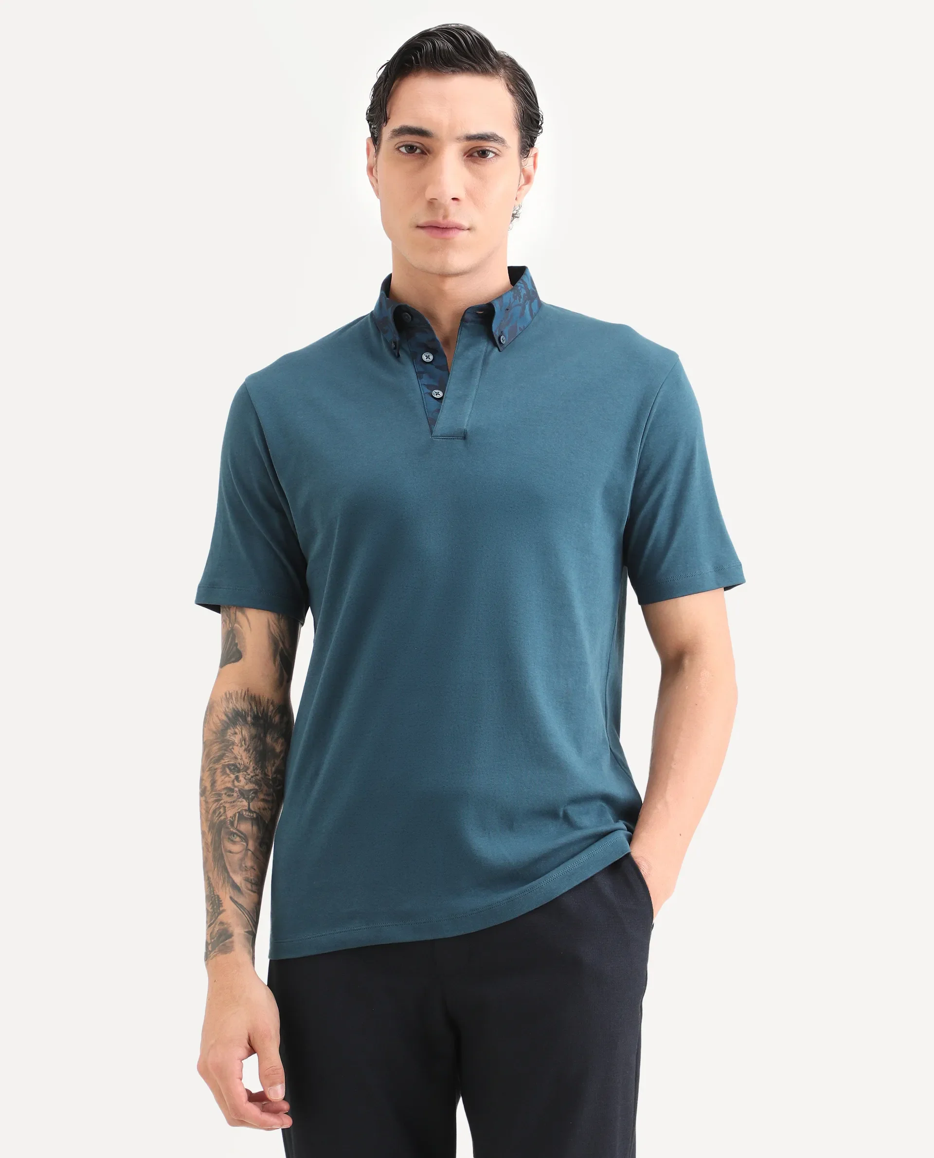 Rare Rabbit Men's Ringer-S26 Teal Cotton Fabric Half Sleeve Spread Collar Regular Fit Plain Polo - Image 4
