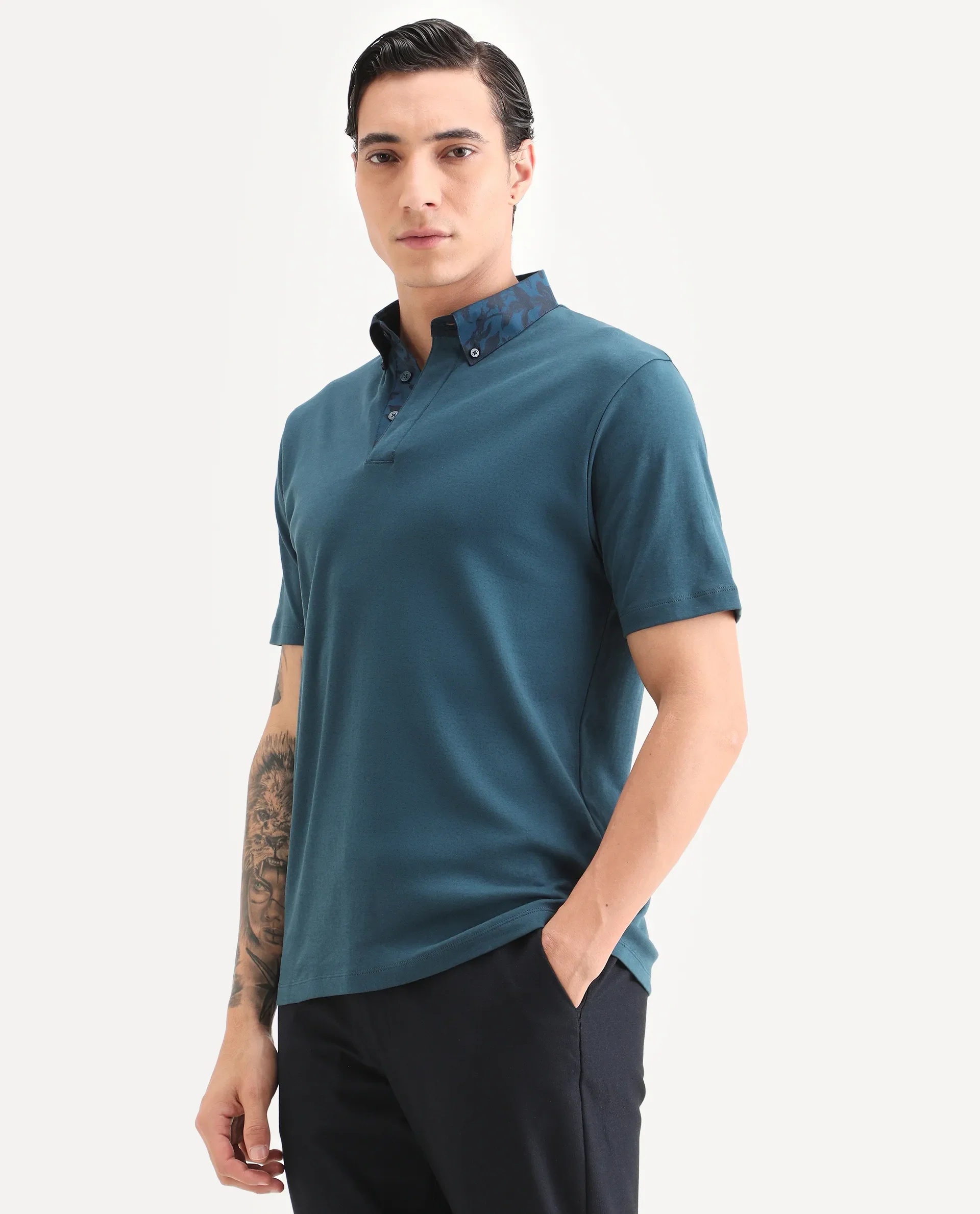 Rare Rabbit Men's Ringer-S26 Teal Cotton Fabric Half Sleeve Spread Collar Regular Fit Plain Polo - Image 5
