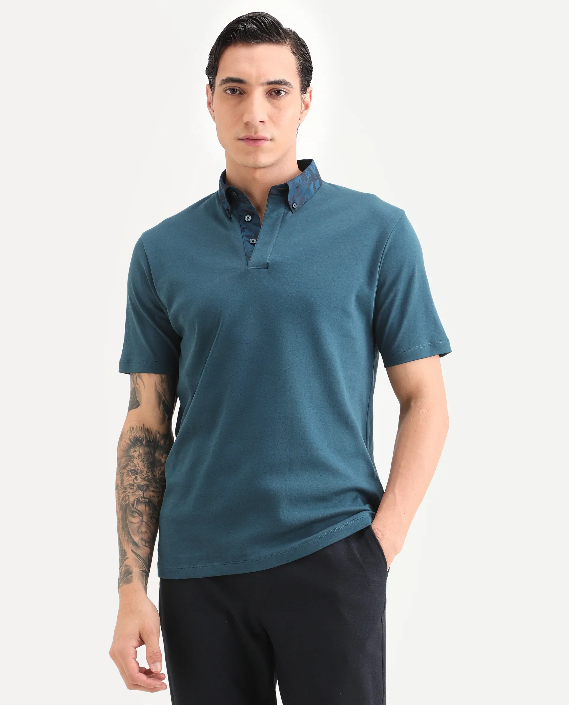 Rare Rabbit Men's Ringer-S26 Teal Cotton Fabric Half Sleeve Spread Collar Regular Fit Plain Polo - Image 6
