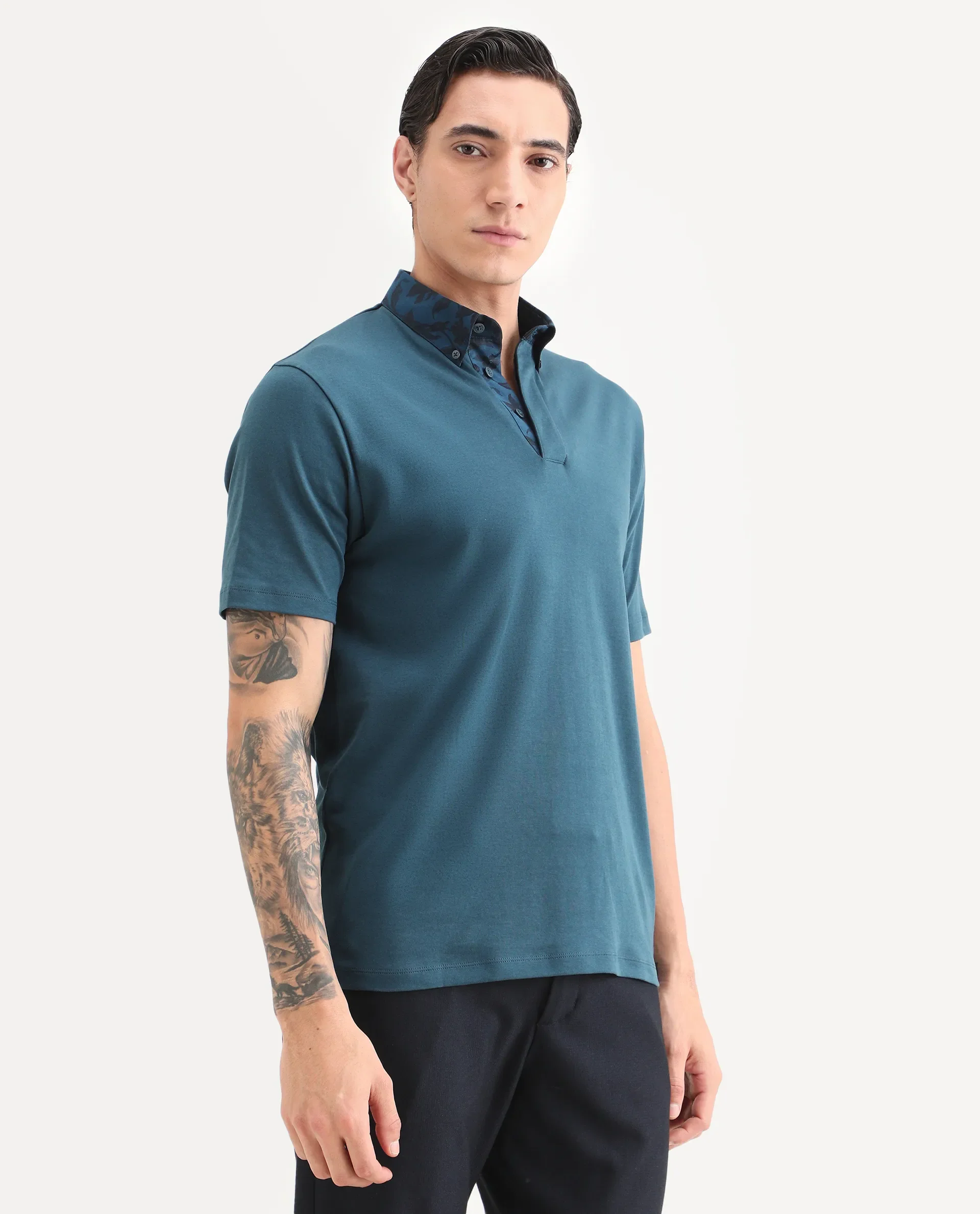 Rare Rabbit Men's Ringer-S26 Teal Cotton Fabric Half Sleeve Spread Collar Regular Fit Plain Polo - Image 7