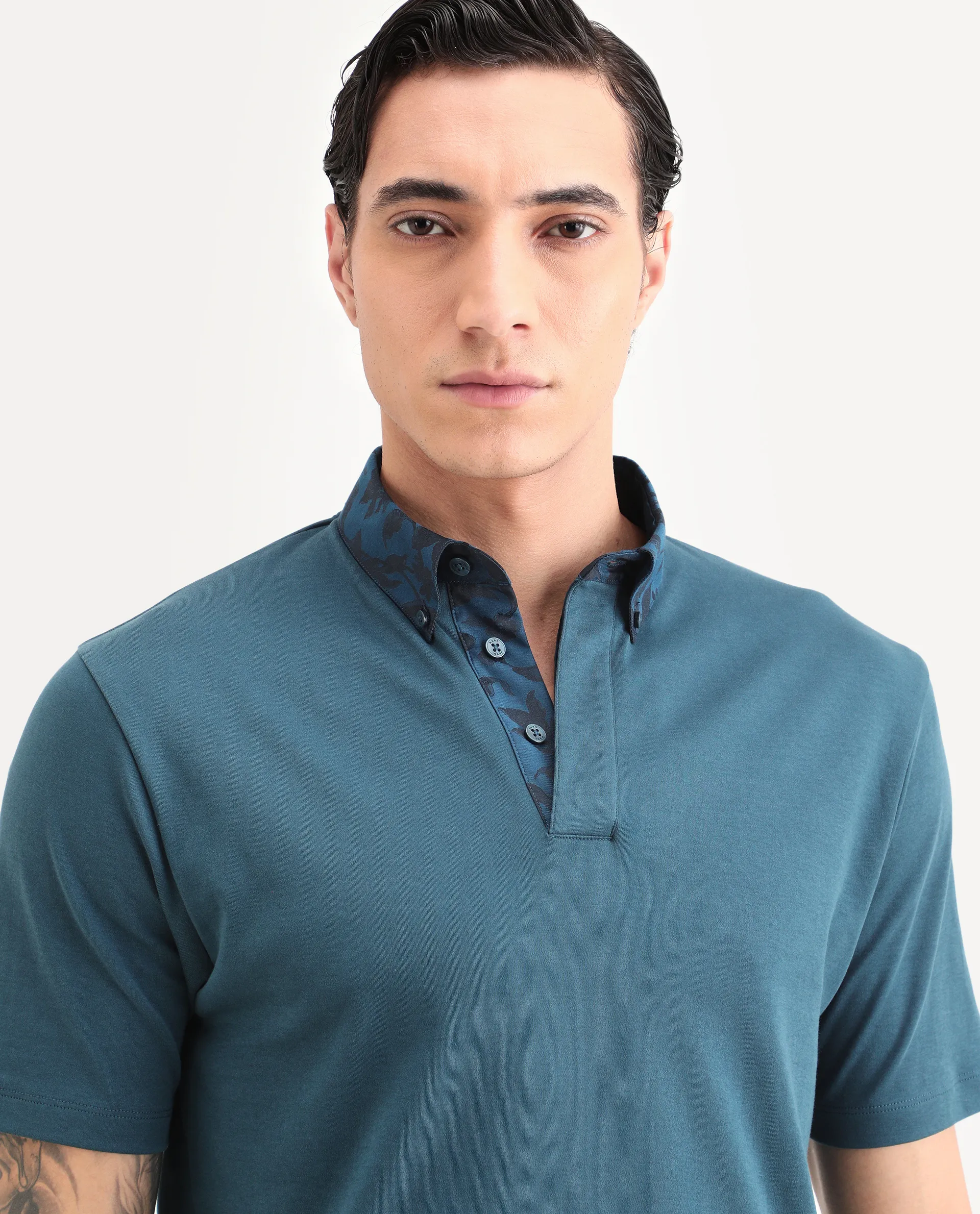 Rare Rabbit Men's Ringer-S26 Teal Cotton Fabric Half Sleeve Spread Collar Regular Fit Plain Polo - Image 8
