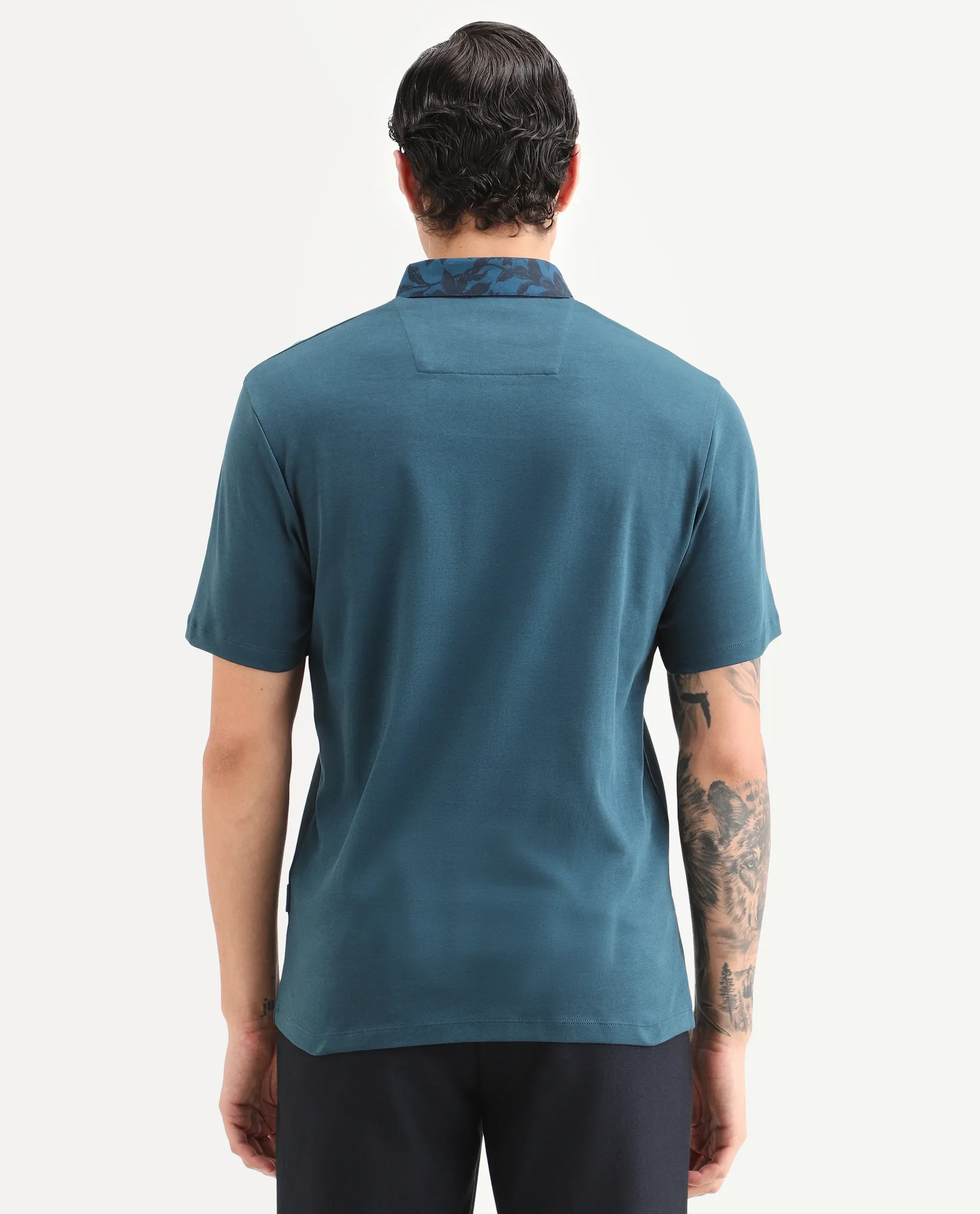 Rare Rabbit Men's Ringer-S26 Teal Cotton Fabric Half Sleeve Spread Collar Regular Fit Plain Polo - Image 9