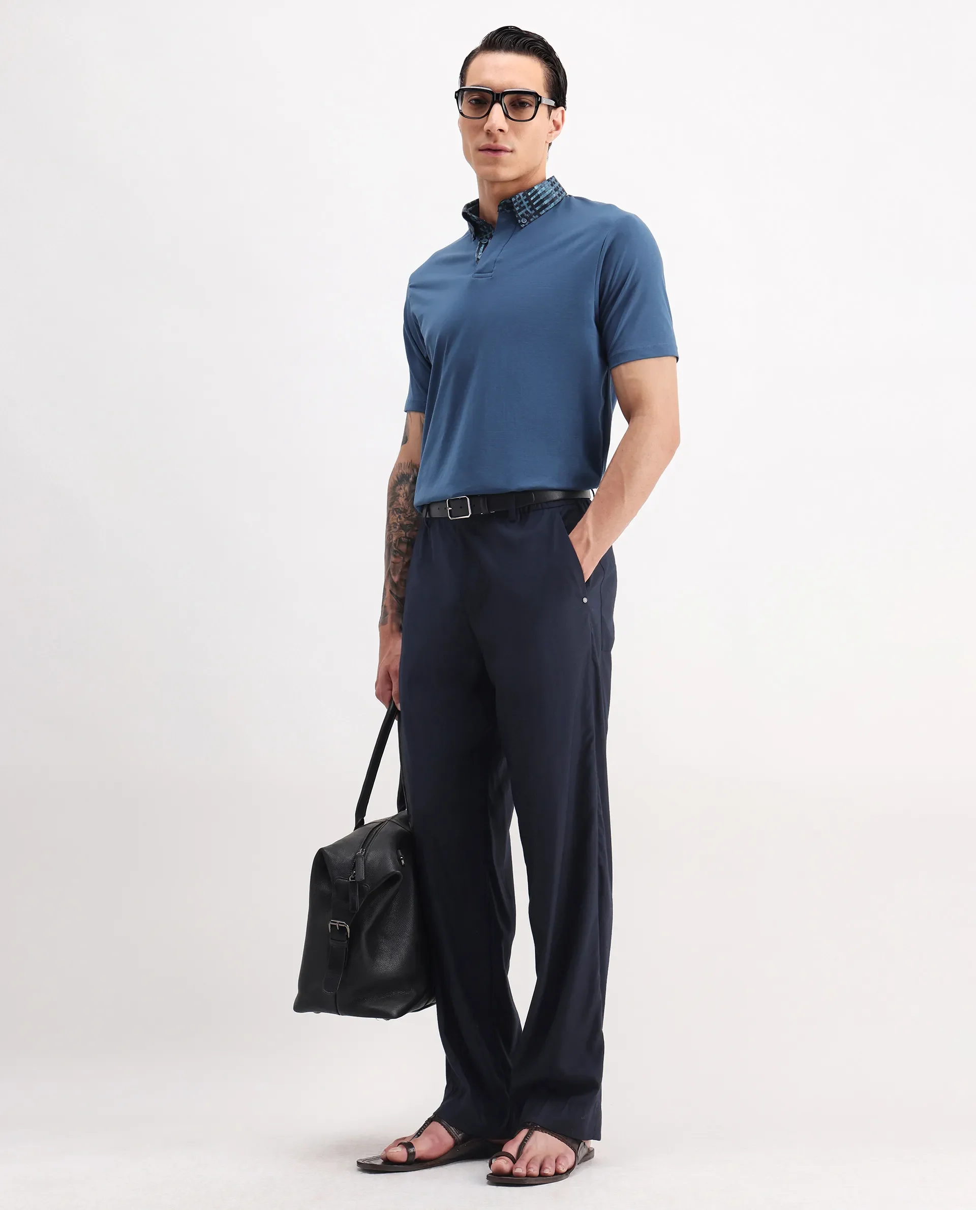 Rare Rabbit Men's Ringer-25 Blue Cotton Blend Plain Regular Fit Half Sleeve Polo - Image 2