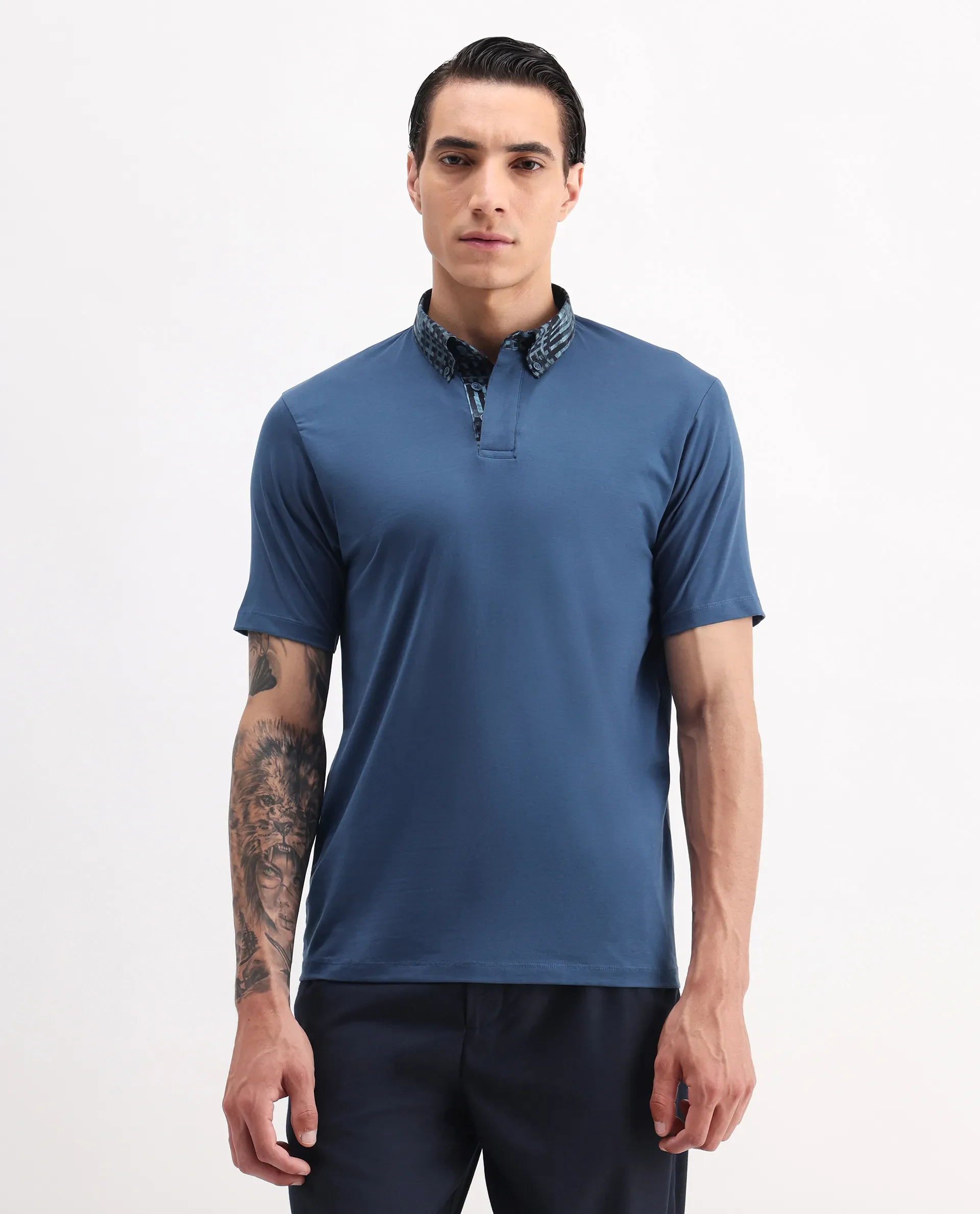 Rare Rabbit Men's Ringer-25 Blue Cotton Blend Plain Regular Fit Half Sleeve Polo - Image 4