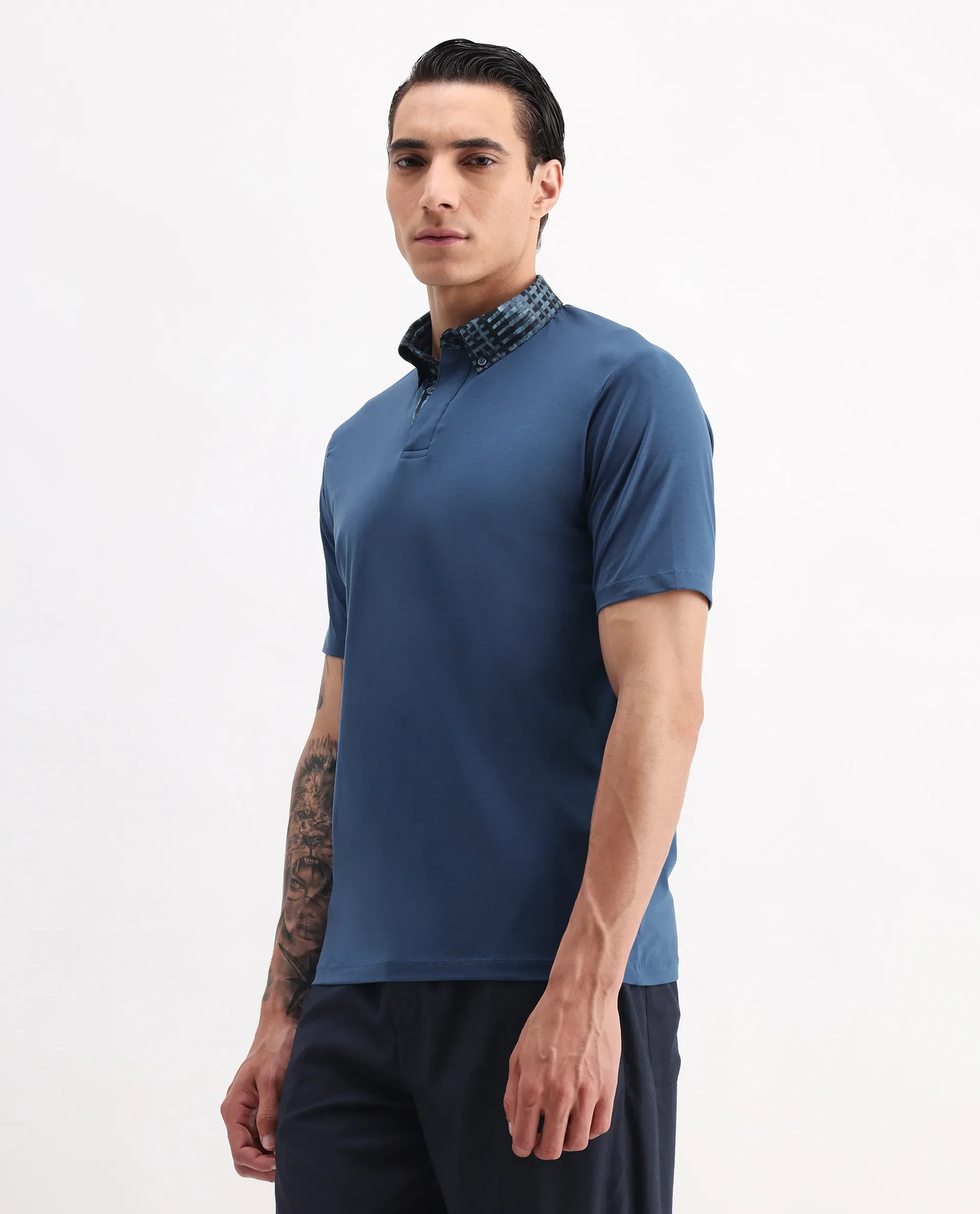Rare Rabbit Men's Ringer-25 Blue Cotton Blend Plain Regular Fit Half Sleeve Polo - Image 5