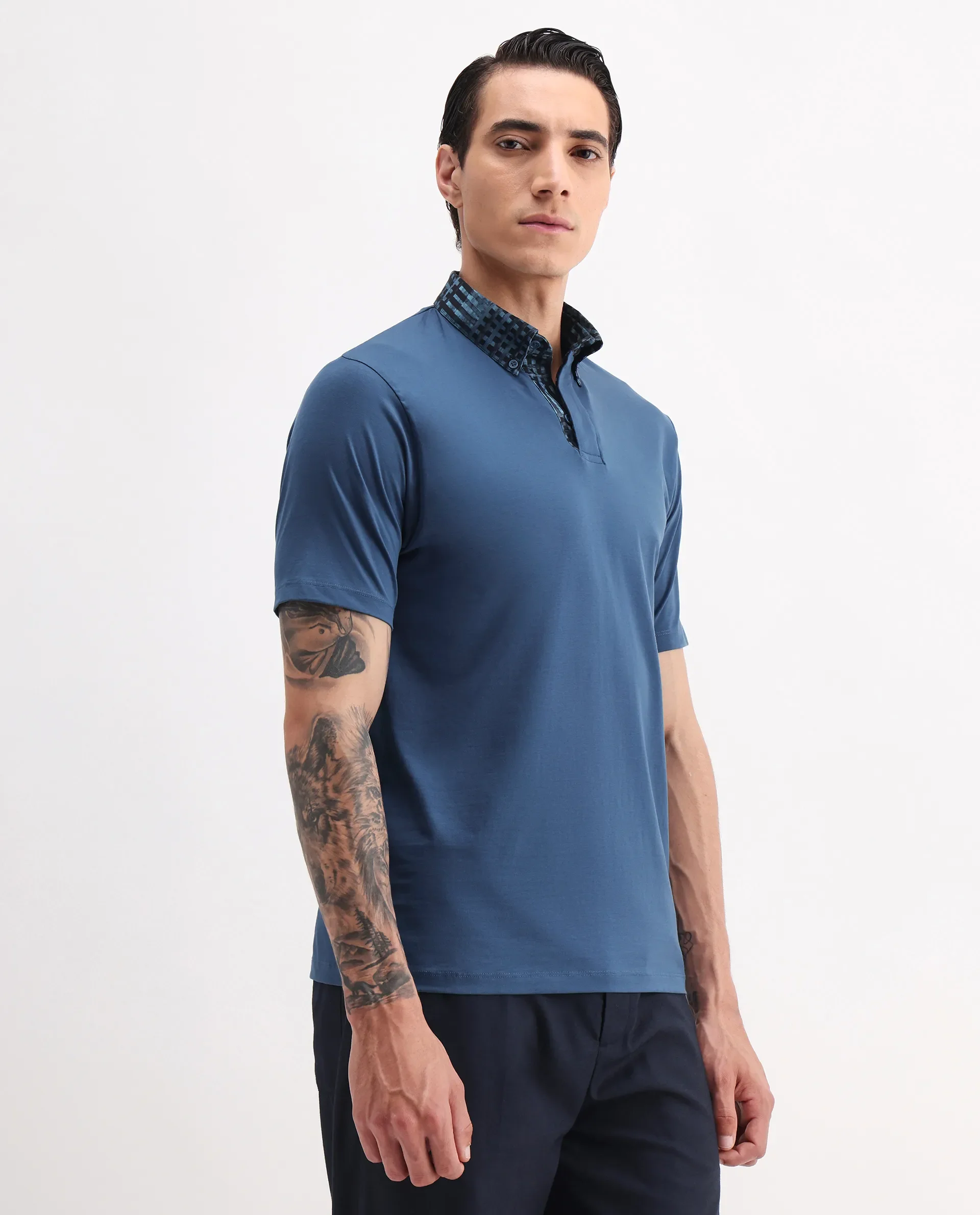 Rare Rabbit Men's Ringer-25 Blue Cotton Blend Plain Regular Fit Half Sleeve Polo - Image 6