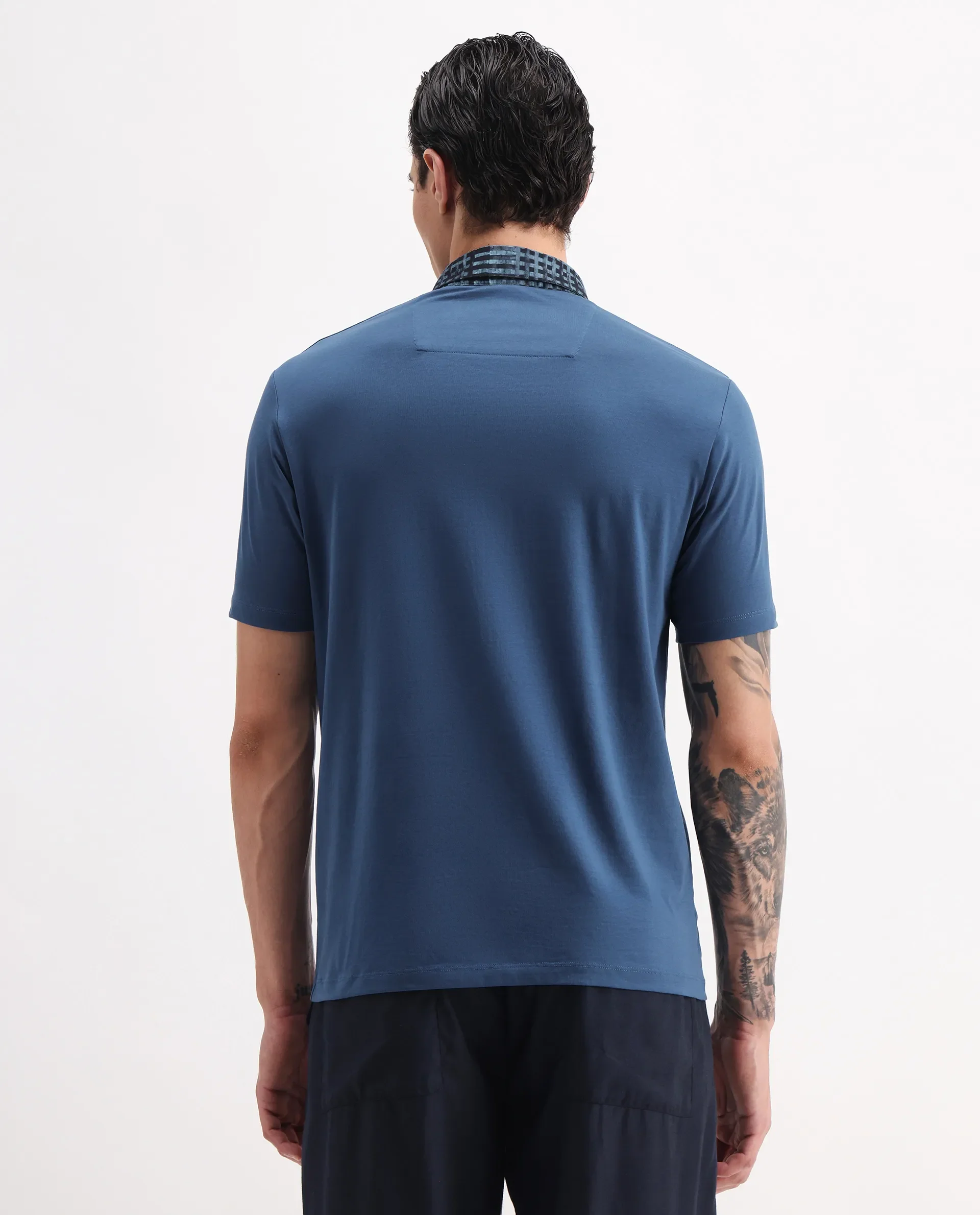 Rare Rabbit Men's Ringer-25 Blue Cotton Blend Plain Regular Fit Half Sleeve Polo - Image 7