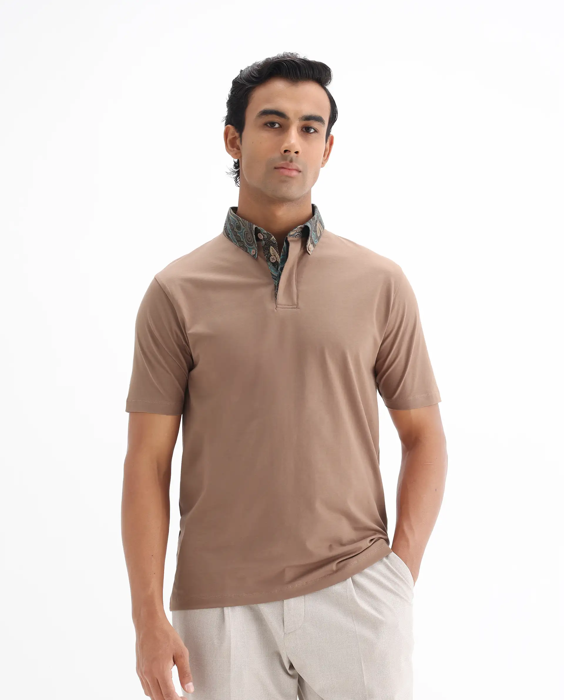 Rare Rabbit Men's Ringer-25 Dusky Beige Cotton Blend Plain Regular Fit Half Sleeve Polo - Image 4