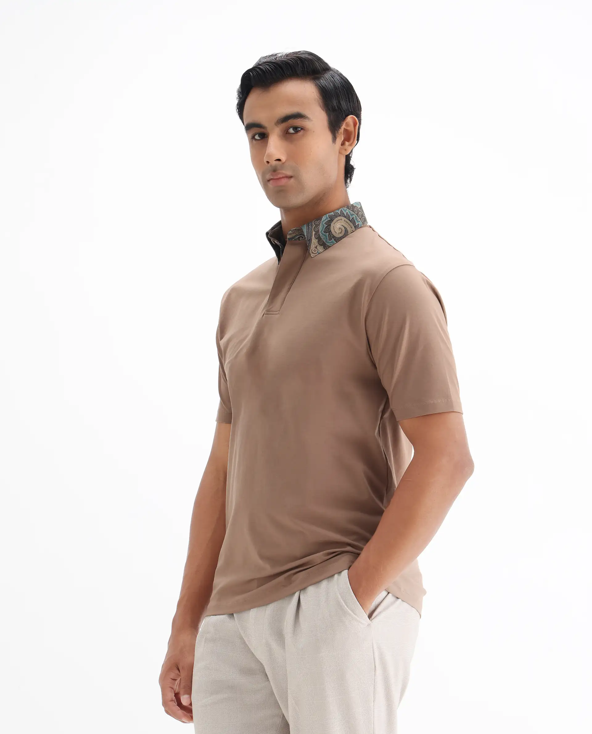 Rare Rabbit Men's Ringer-25 Dusky Beige Cotton Blend Plain Regular Fit Half Sleeve Polo - Image 5