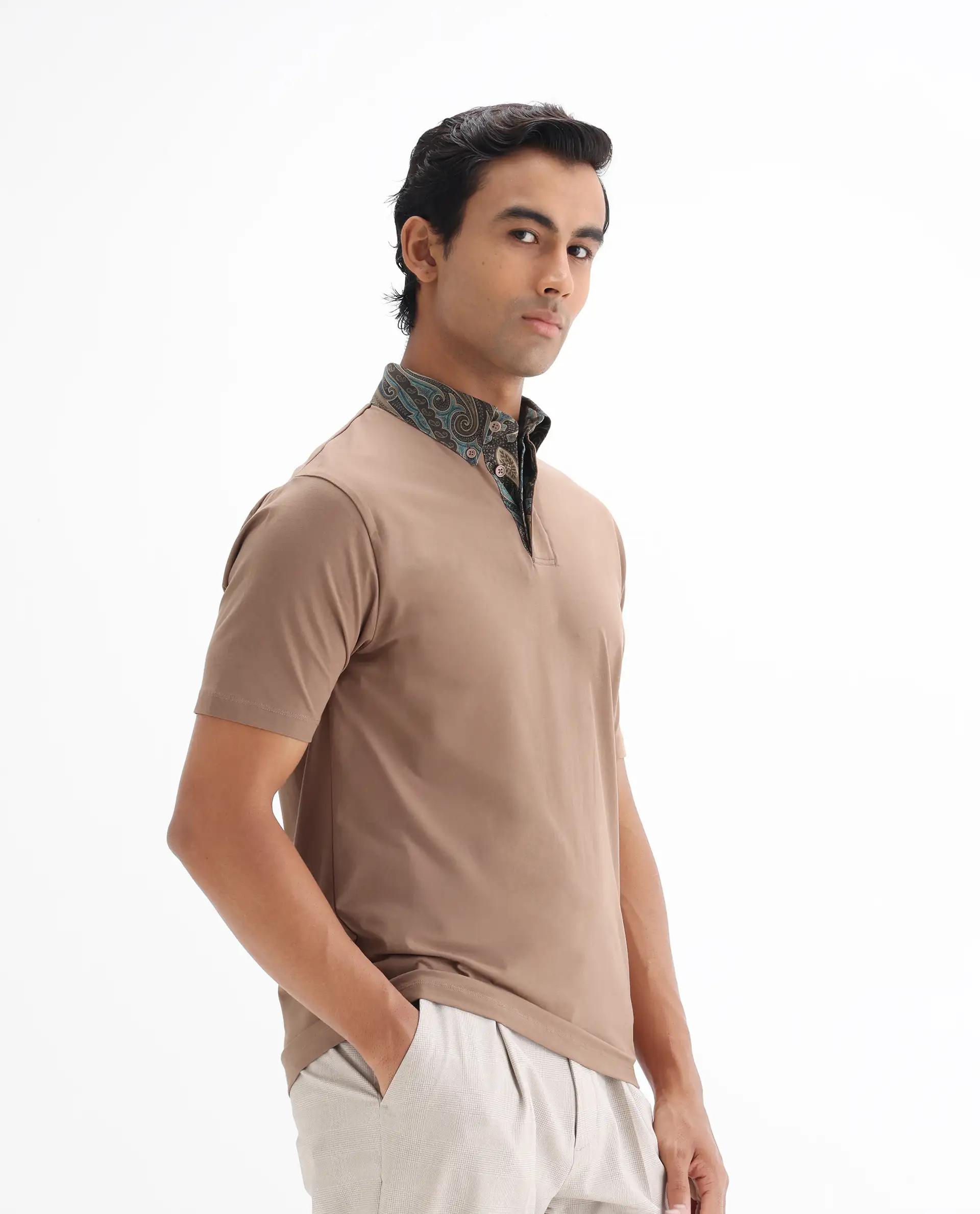 Rare Rabbit Men's Ringer-25 Dusky Beige Cotton Blend Plain Regular Fit Half Sleeve Polo - Image 6