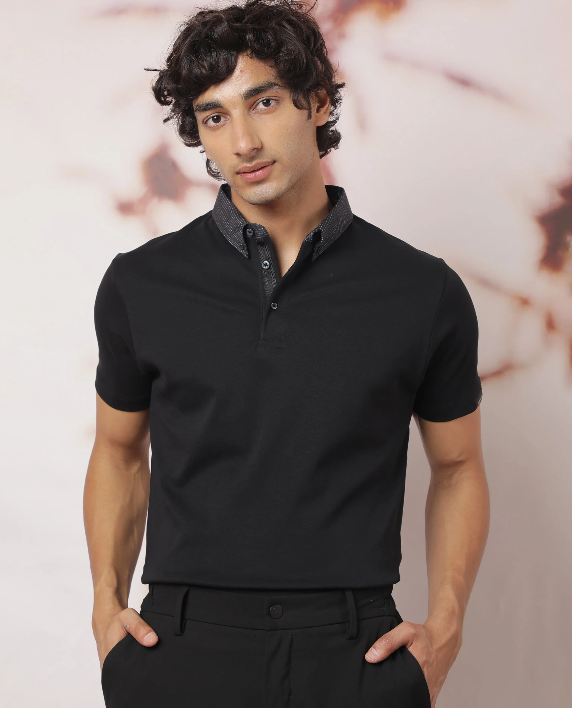 Rare Rabbit Men's Ringers Black Cotton Printed Regular Fit Half Sleeve Polo