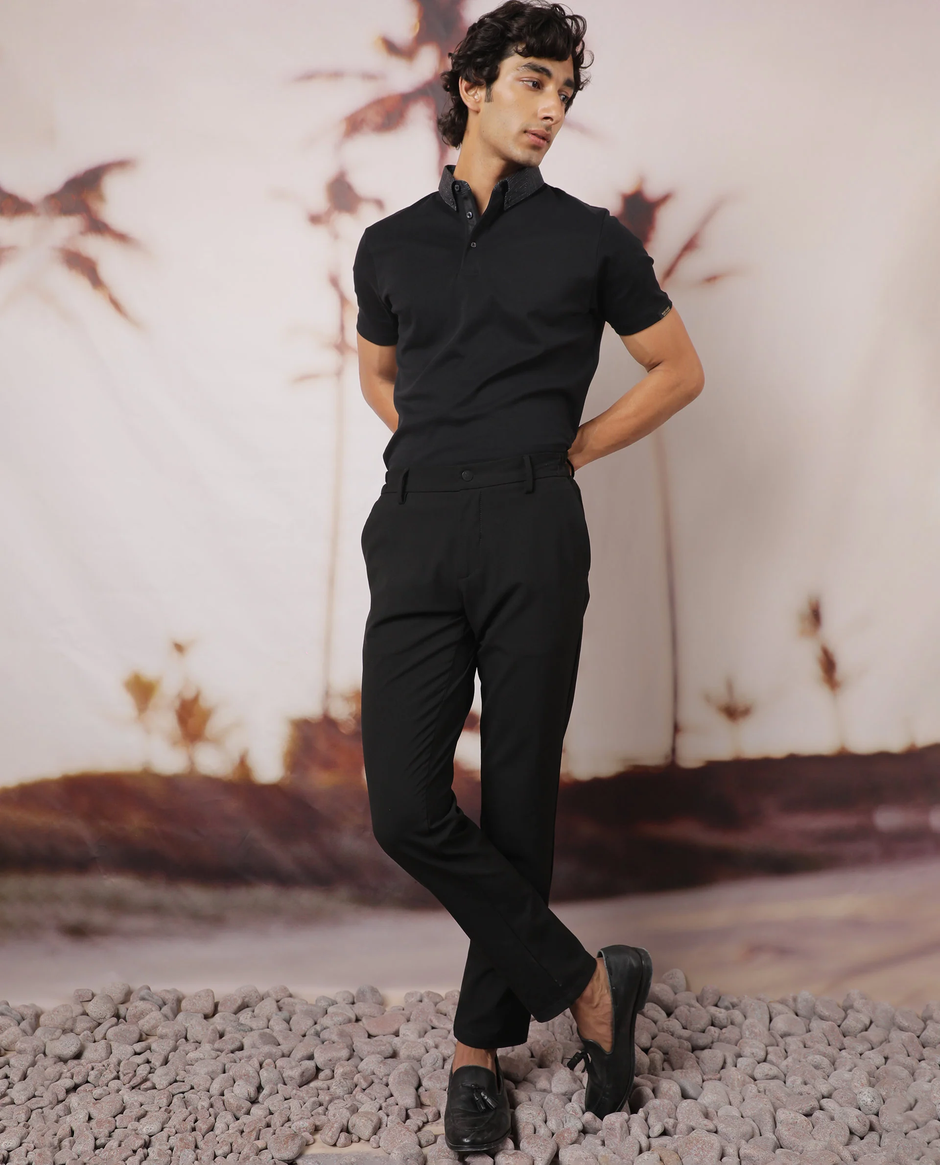 Rare Rabbit Men's Ringers Black Cotton Printed Regular Fit Half Sleeve Polo - Image 3
