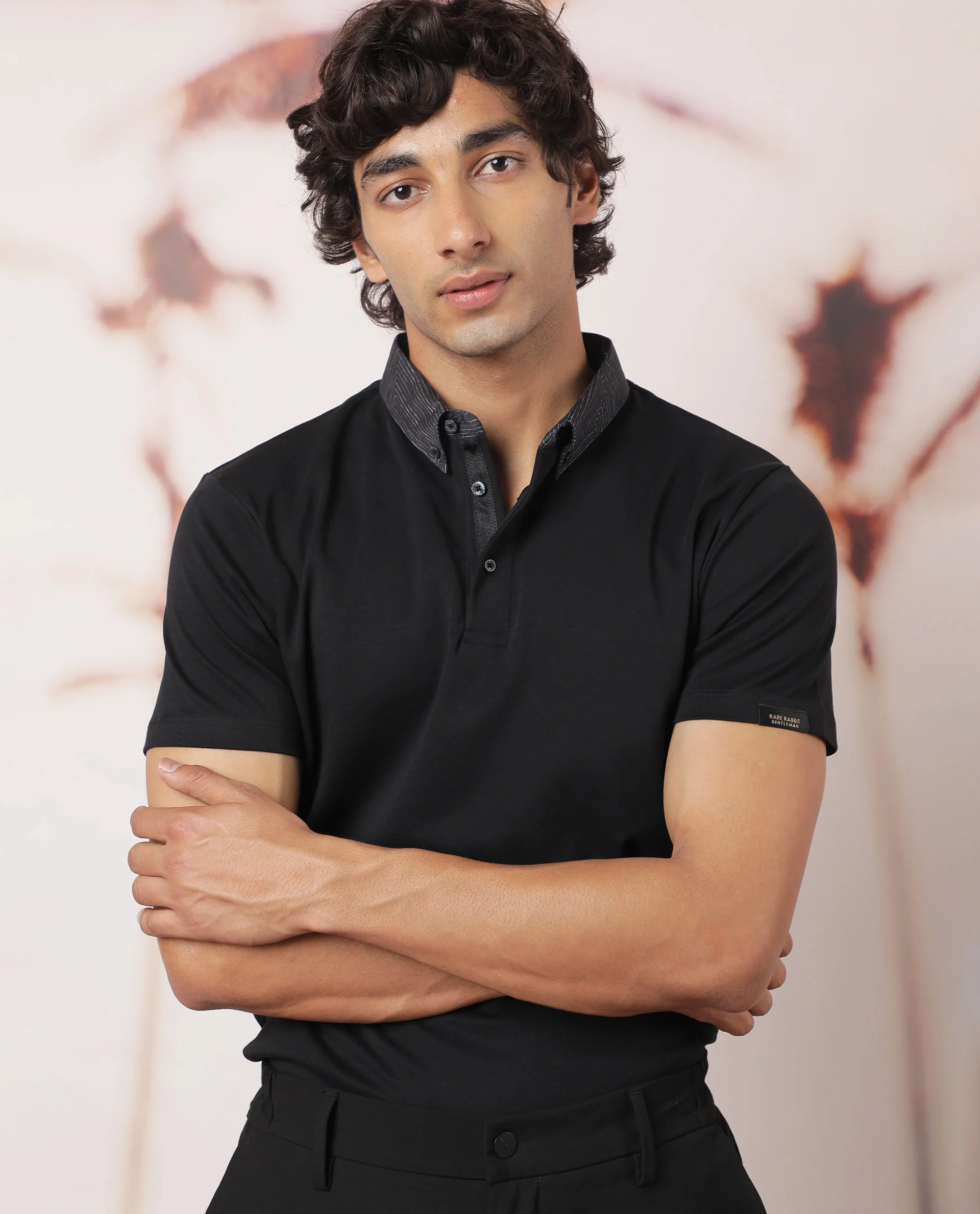Rare Rabbit Men's Ringers Black Cotton Printed Regular Fit Half Sleeve Polo - Image 4