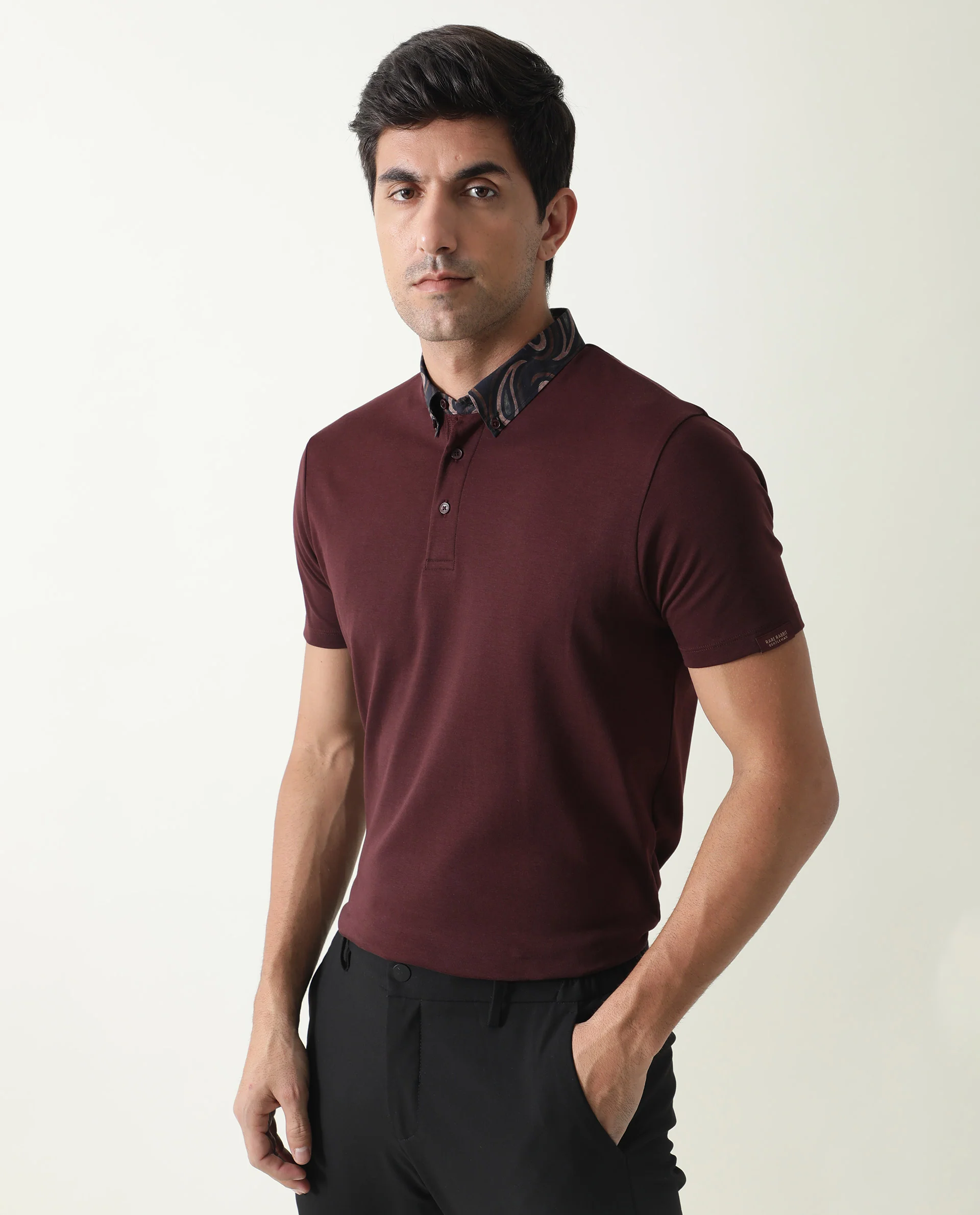 Rare Rabbit Men's Ringers Maroon Cotton Printed Regular Fit Half Sleeve Polo