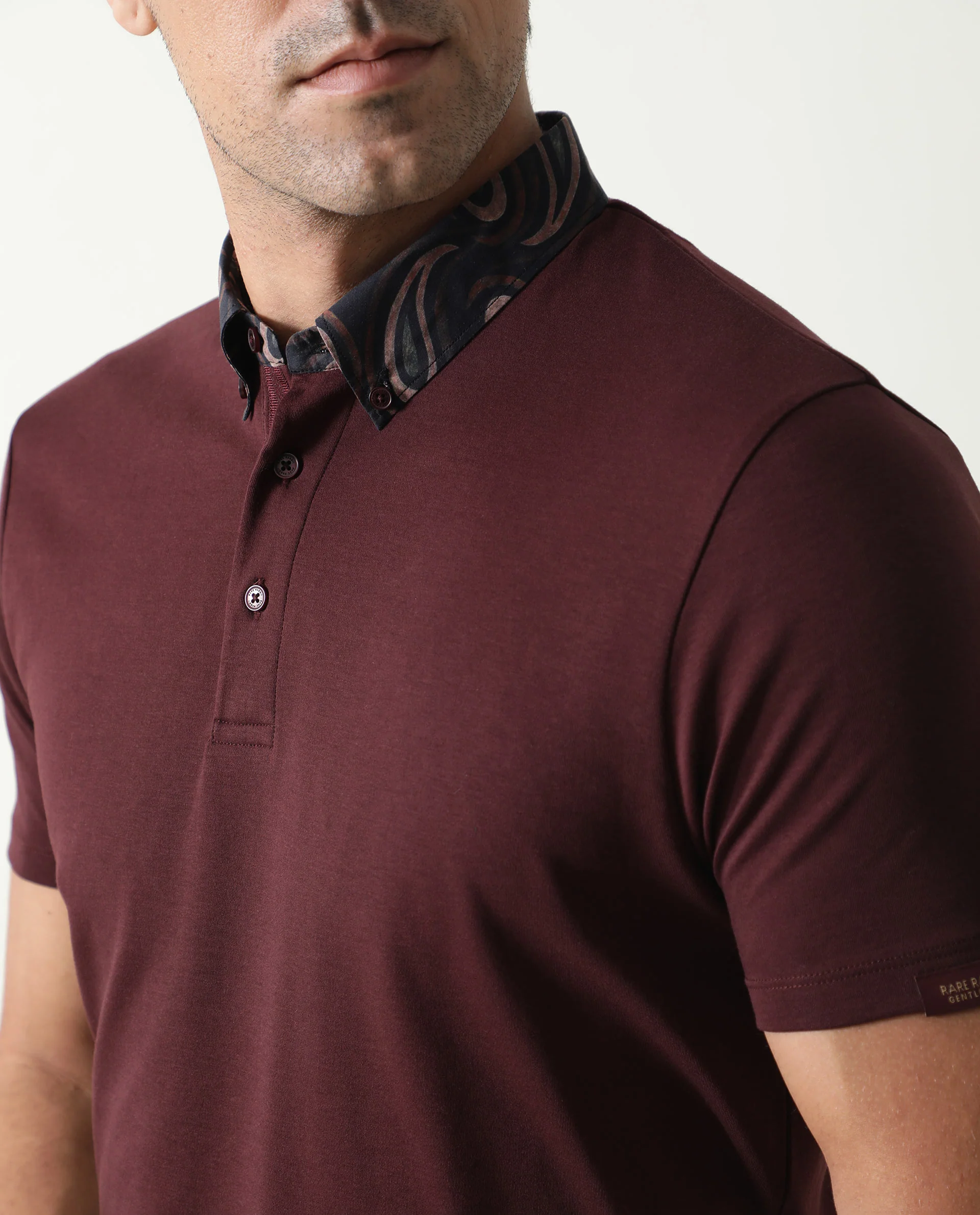 Rare Rabbit Men's Ringers Maroon Cotton Printed Regular Fit Half Sleeve Polo - Image 2