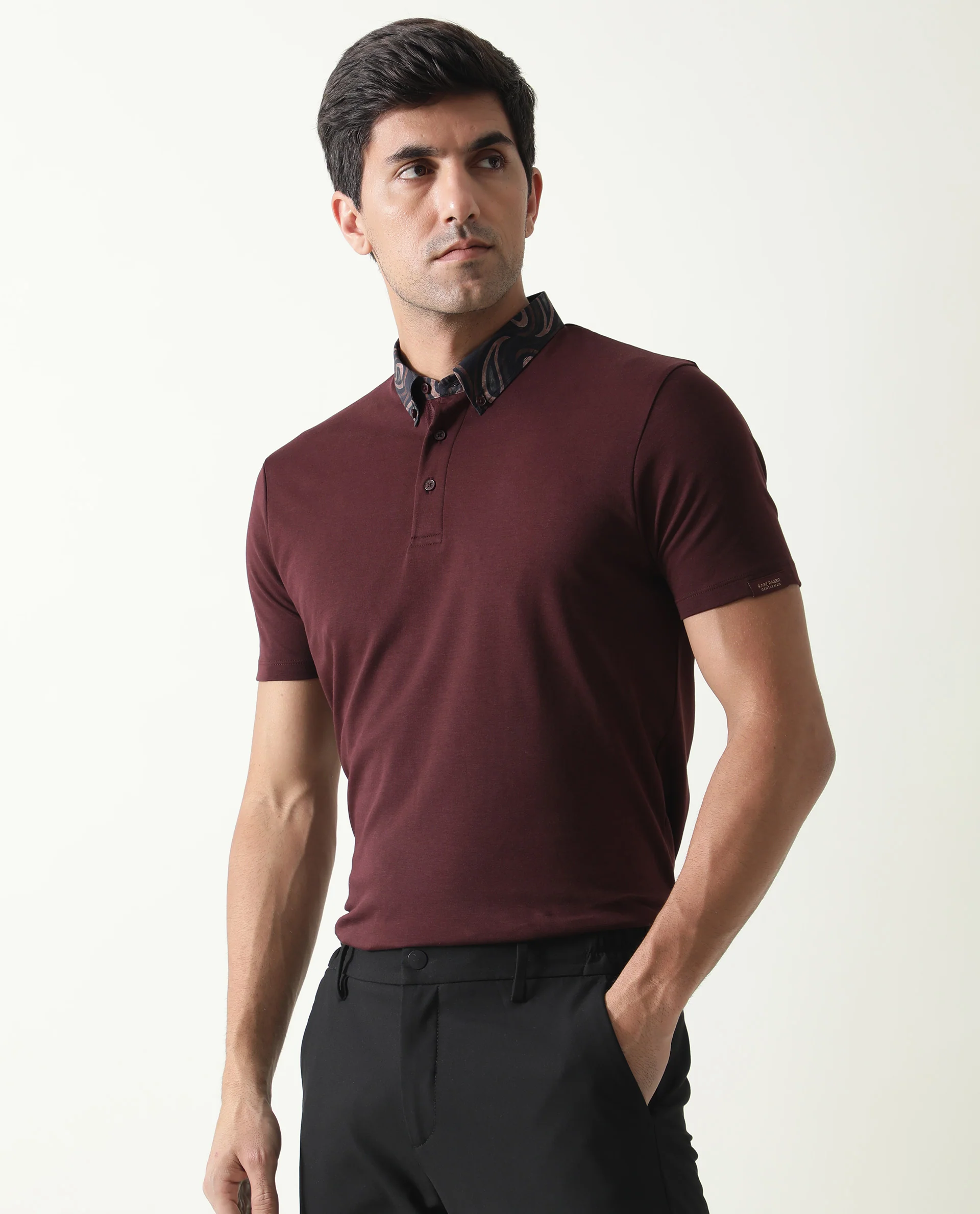 Rare Rabbit Men's Ringers Maroon Cotton Printed Regular Fit Half Sleeve Polo - Image 4