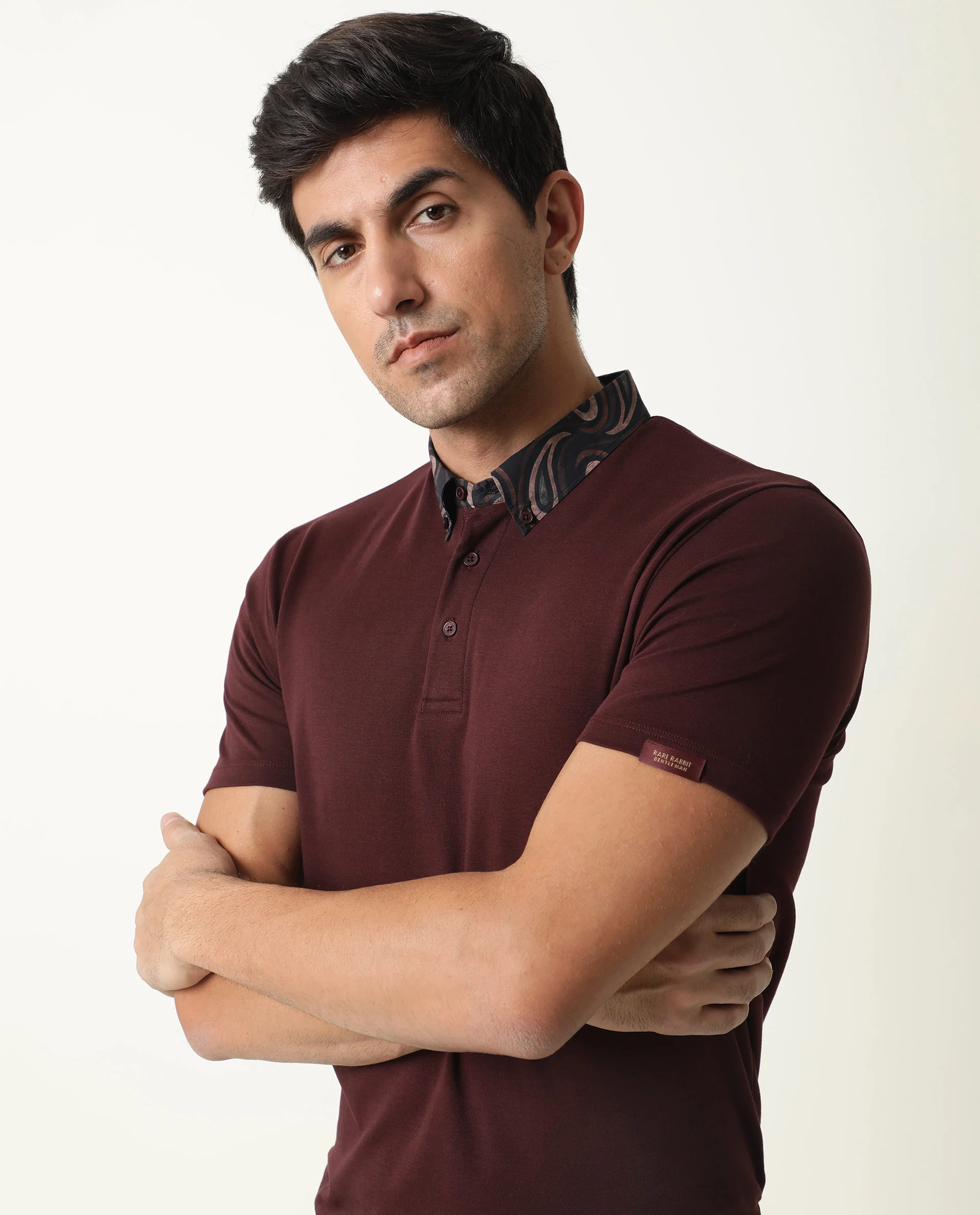 Rare Rabbit Men's Ringers Maroon Cotton Printed Regular Fit Half Sleeve Polo - Image 5
