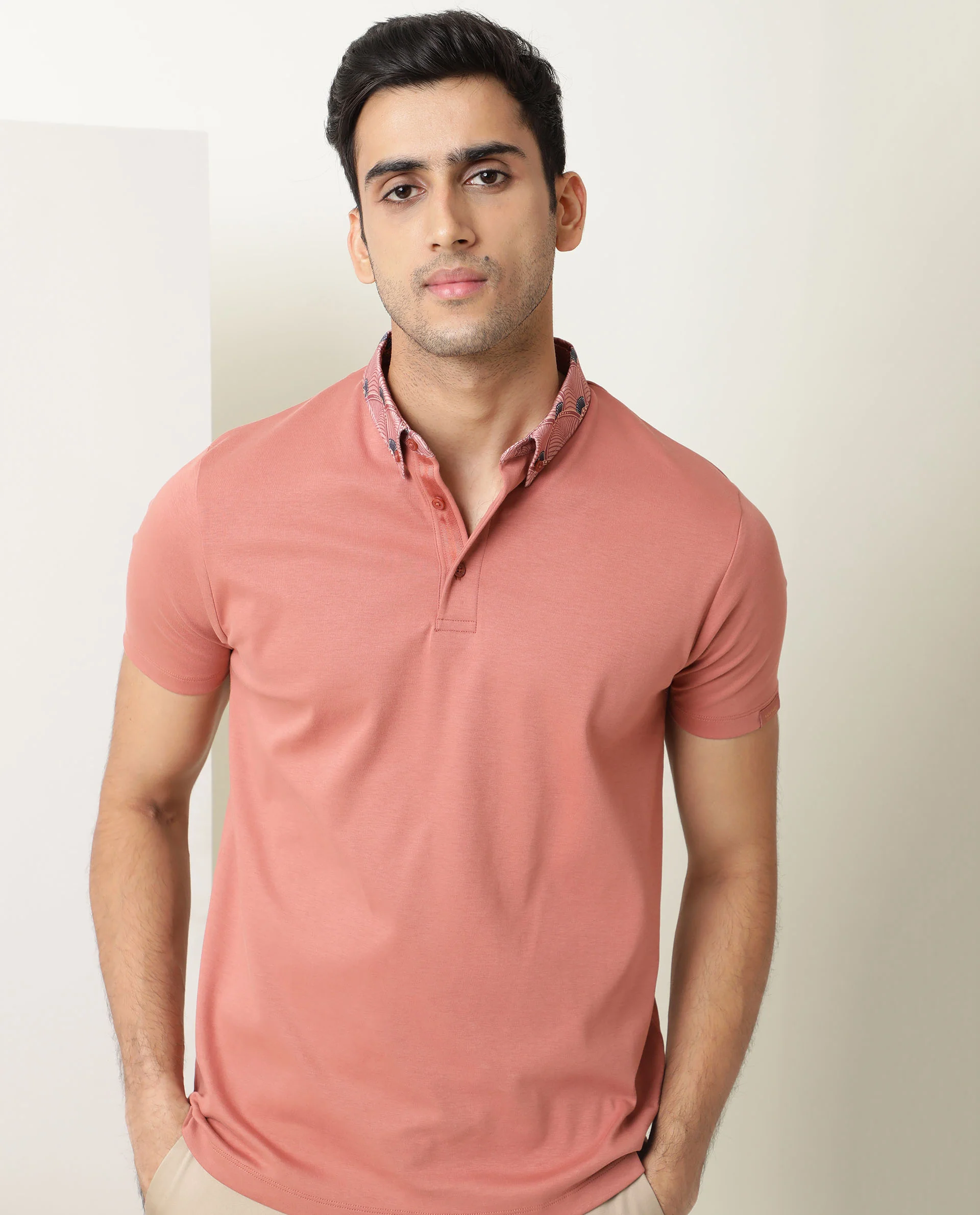 Rare Rabbit Men's Ringers Peach Cotton Printed Regular Fit Half Sleeve Polo