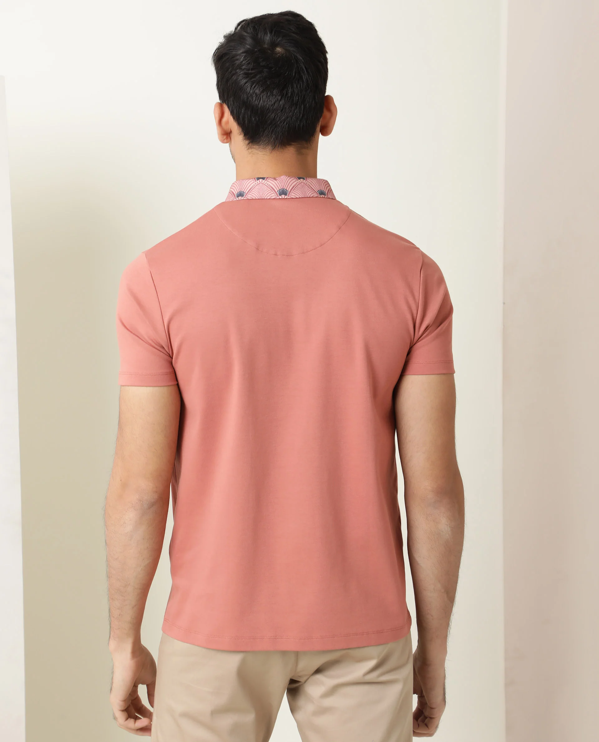 Rare Rabbit Men's Ringers Peach Cotton Printed Regular Fit Half Sleeve Polo - Image 3