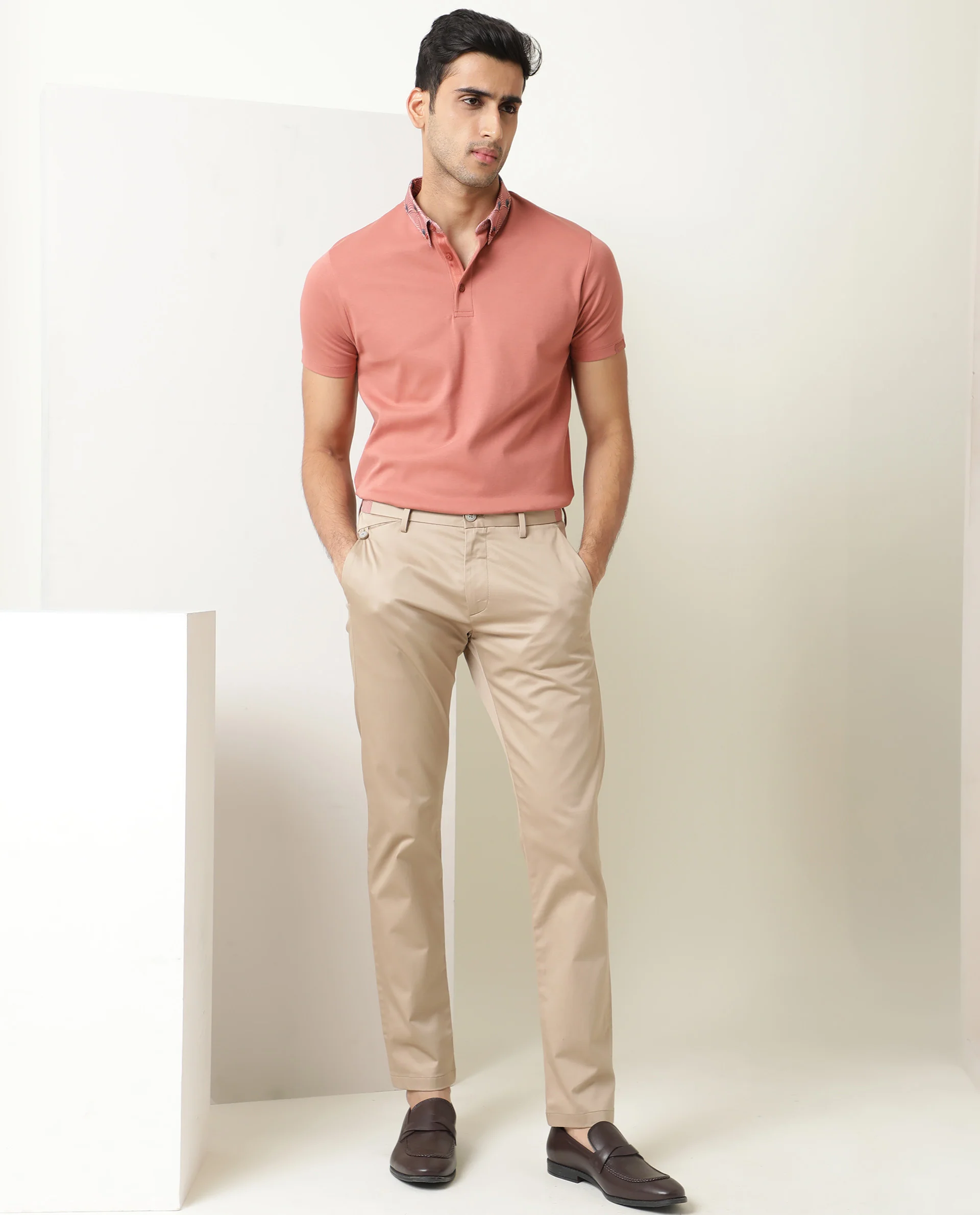 Rare Rabbit Men's Ringers Peach Cotton Printed Regular Fit Half Sleeve Polo - Image 4