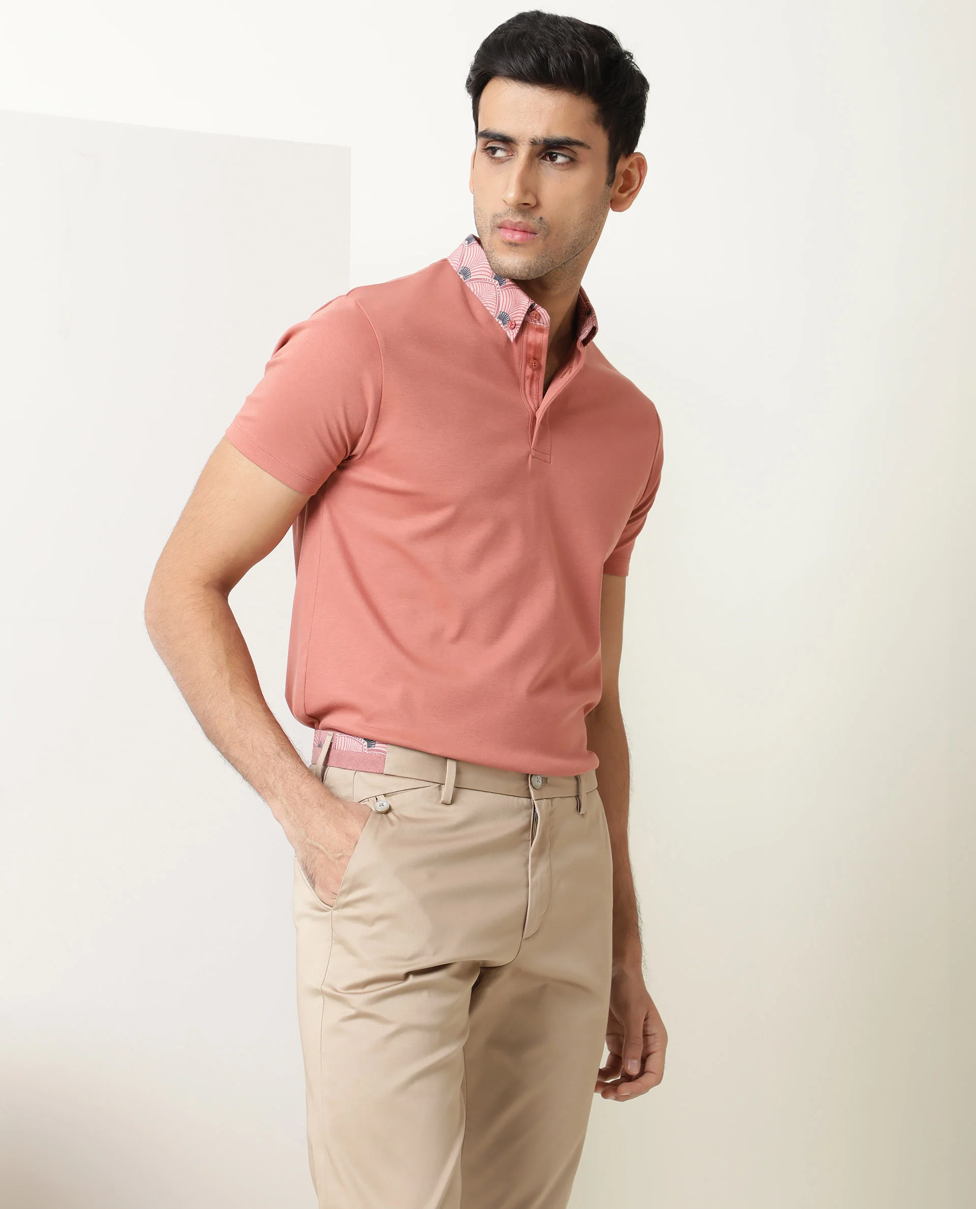 Rare Rabbit Men's Ringers Peach Cotton Printed Regular Fit Half Sleeve Polo - Image 6