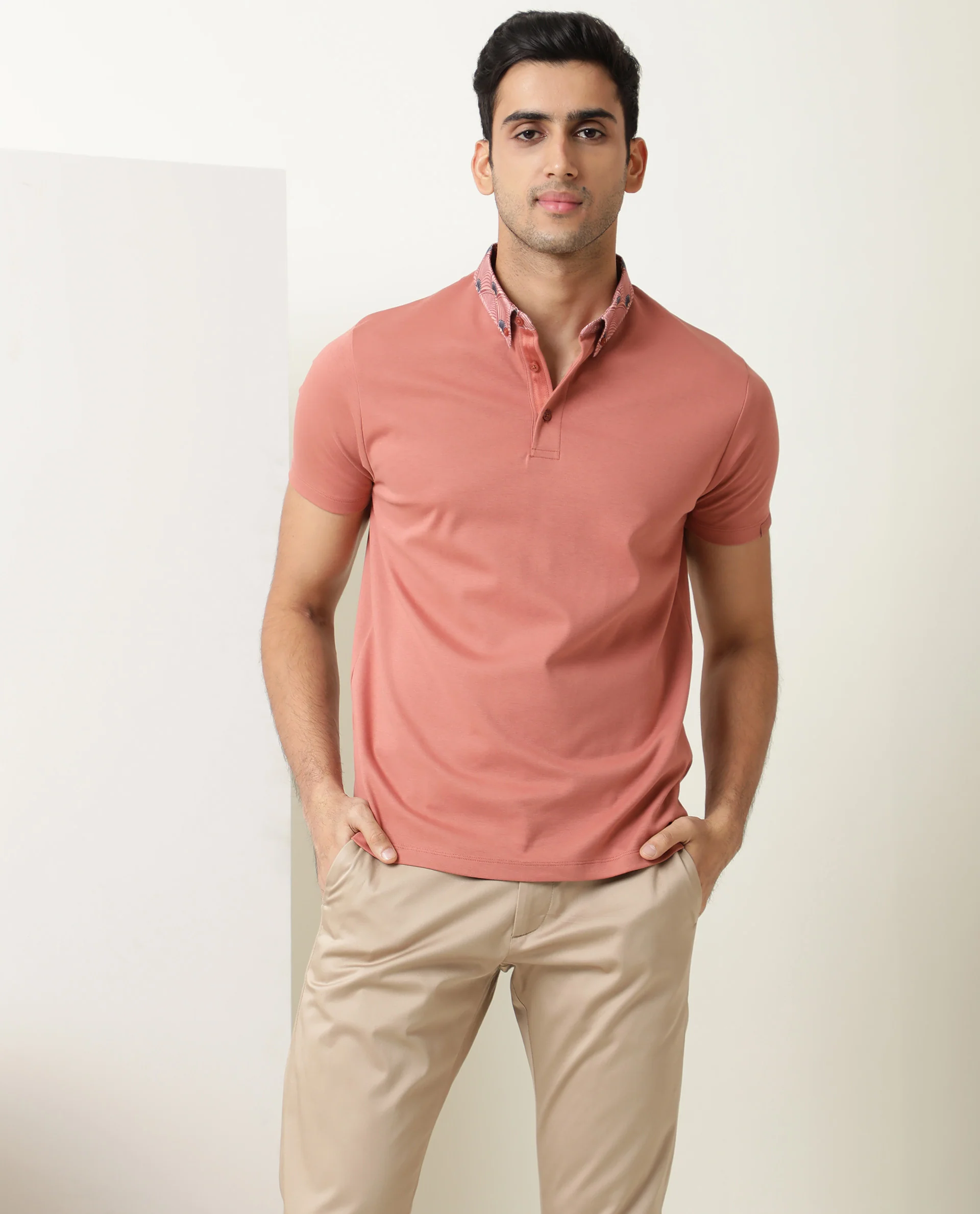 Rare Rabbit Men's Ringers Peach Cotton Printed Regular Fit Half Sleeve Polo - Image 8