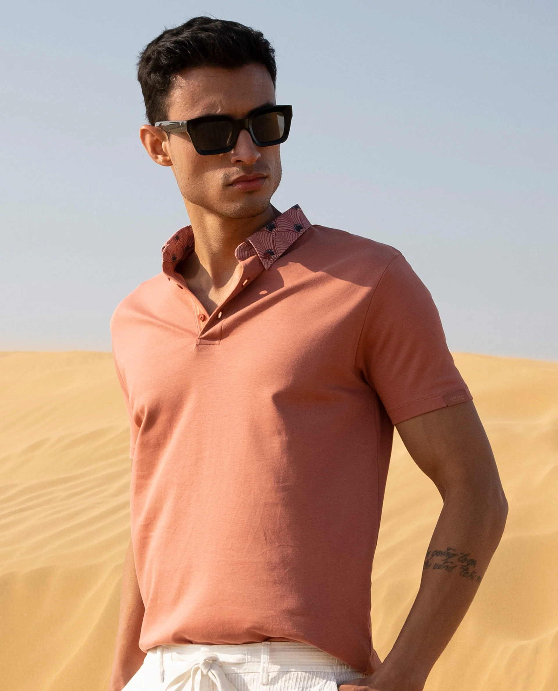 Rare Rabbit Men's Ringers Peach Cotton Printed Regular Fit Half Sleeve Polo - Image 9