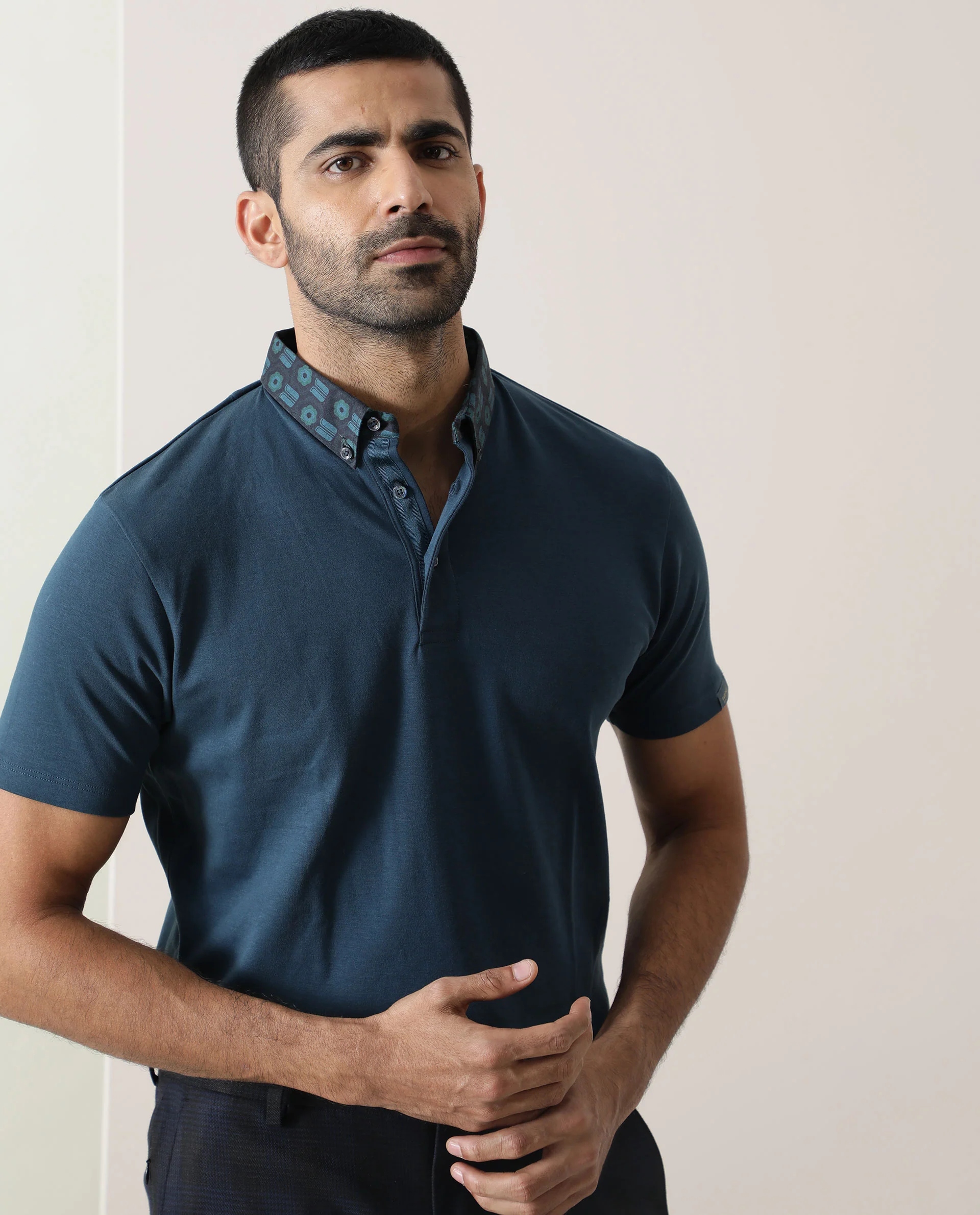 Rare Rabbit Men's Ringers Petrol Cotton Printed Regular Fit Half Sleeve Polo