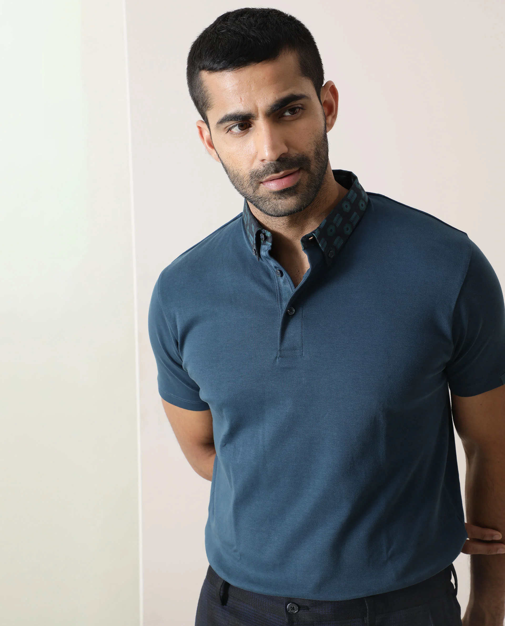 Rare Rabbit Men's Ringers Petrol Cotton Printed Regular Fit Half Sleeve Polo - Image 2