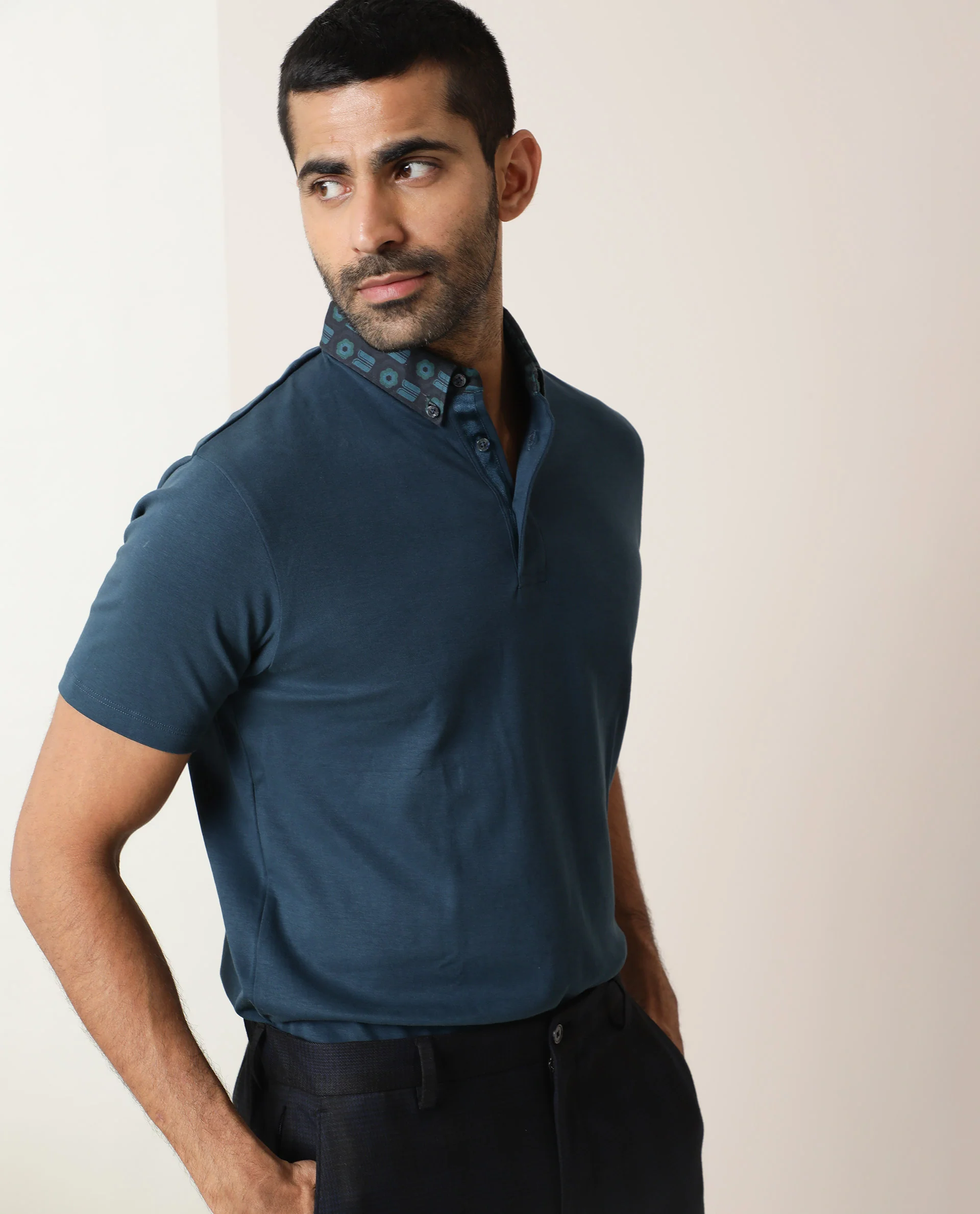 Rare Rabbit Men's Ringers Petrol Cotton Printed Regular Fit Half Sleeve Polo - Image 3