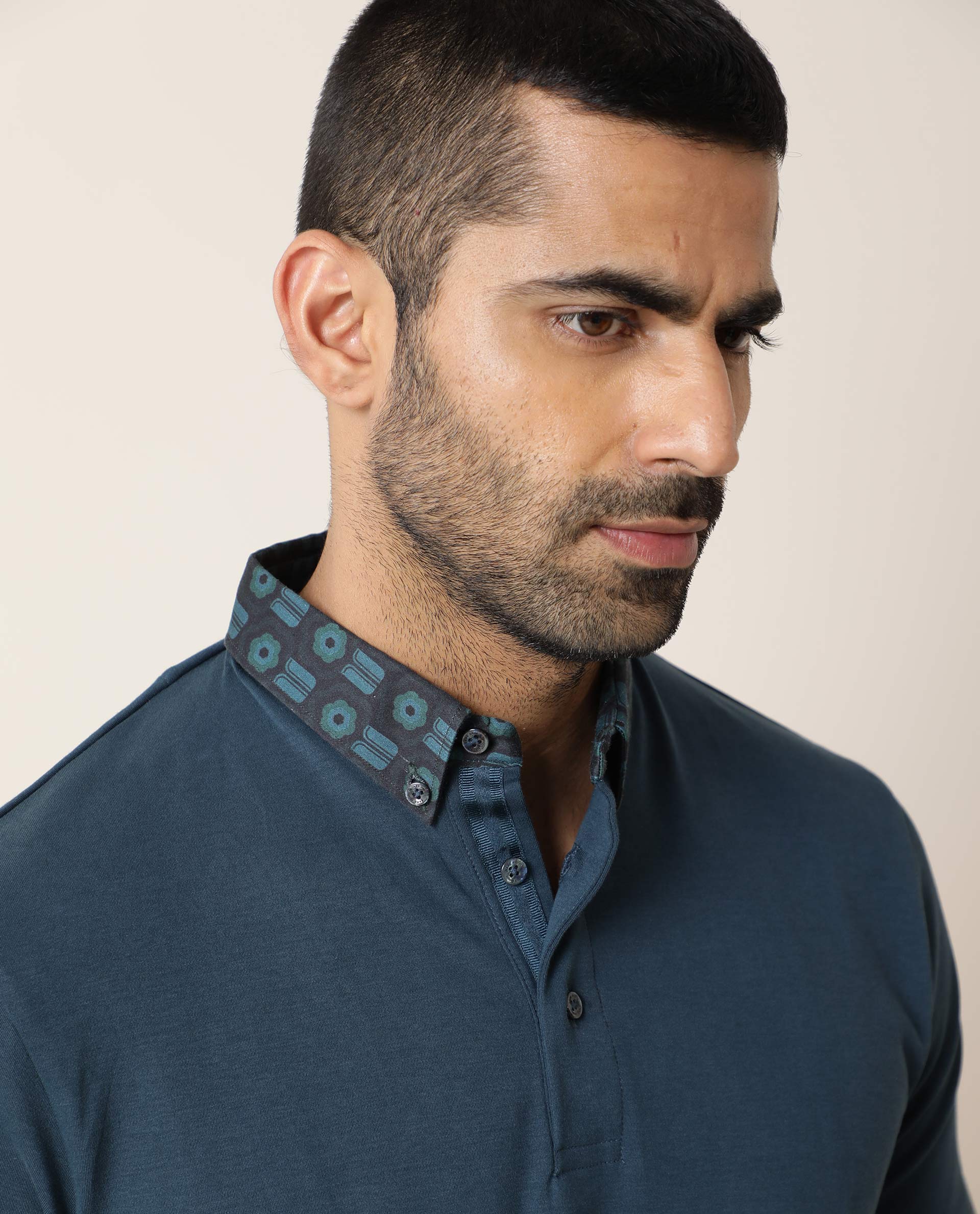 Rare Rabbit Men's Ringers Petrol Cotton Printed Regular Fit Half Sleeve Polo - Image 5