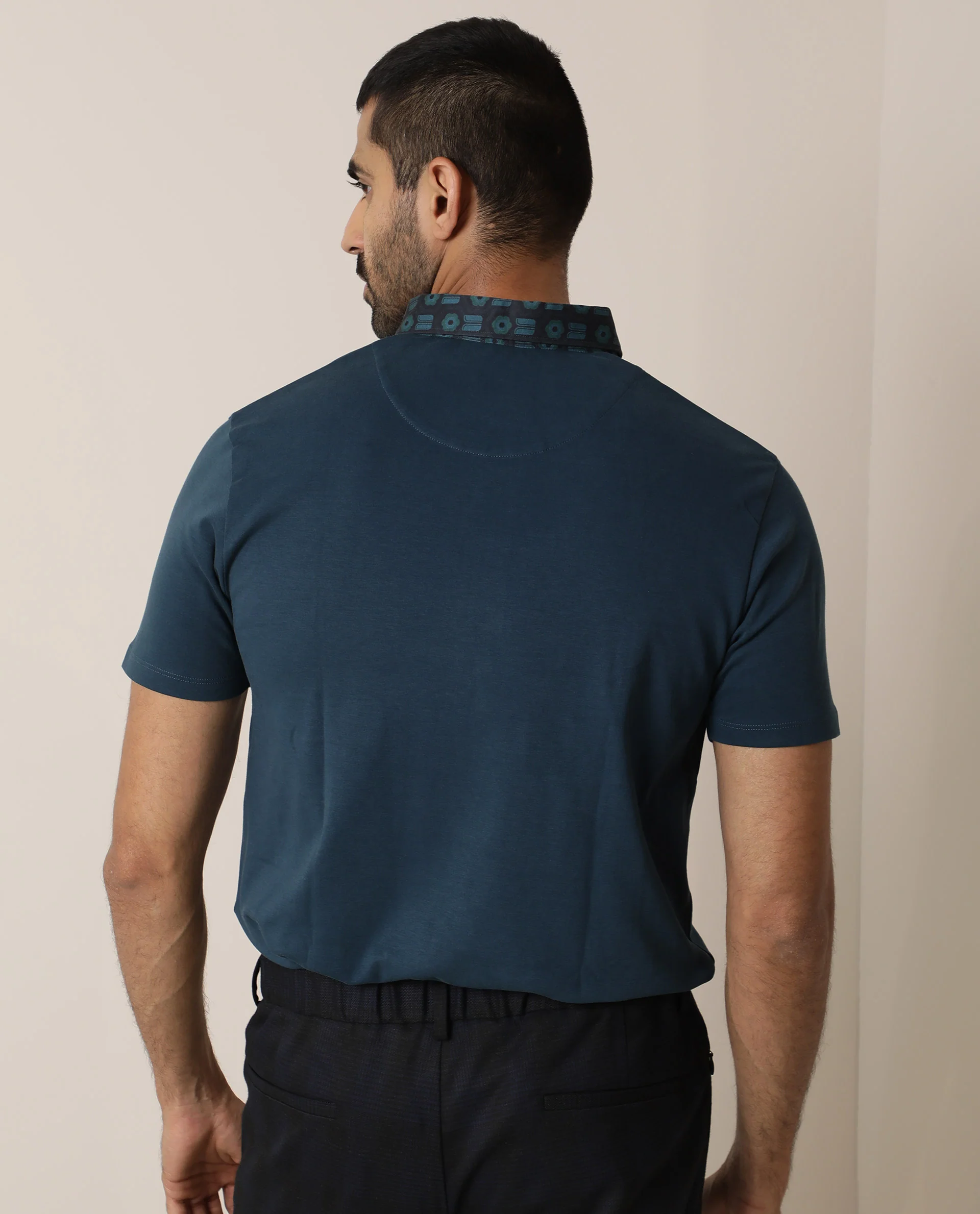 Rare Rabbit Men's Ringers Petrol Cotton Printed Regular Fit Half Sleeve Polo - Image 6