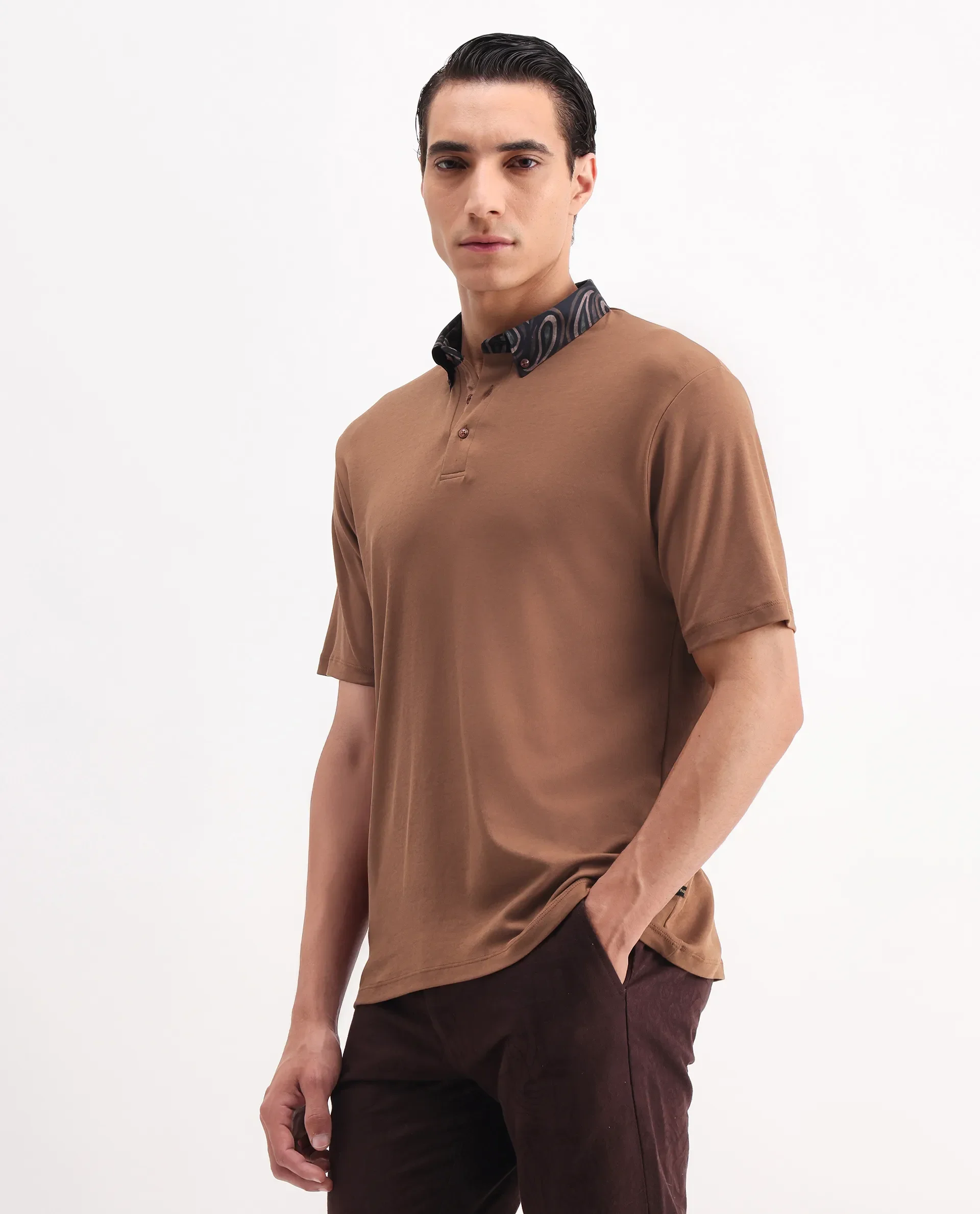 Rare Rabbit Men's Rings Dusky Brown Cotton Plain Regular Fit Half Sleeve Polo - Image 5