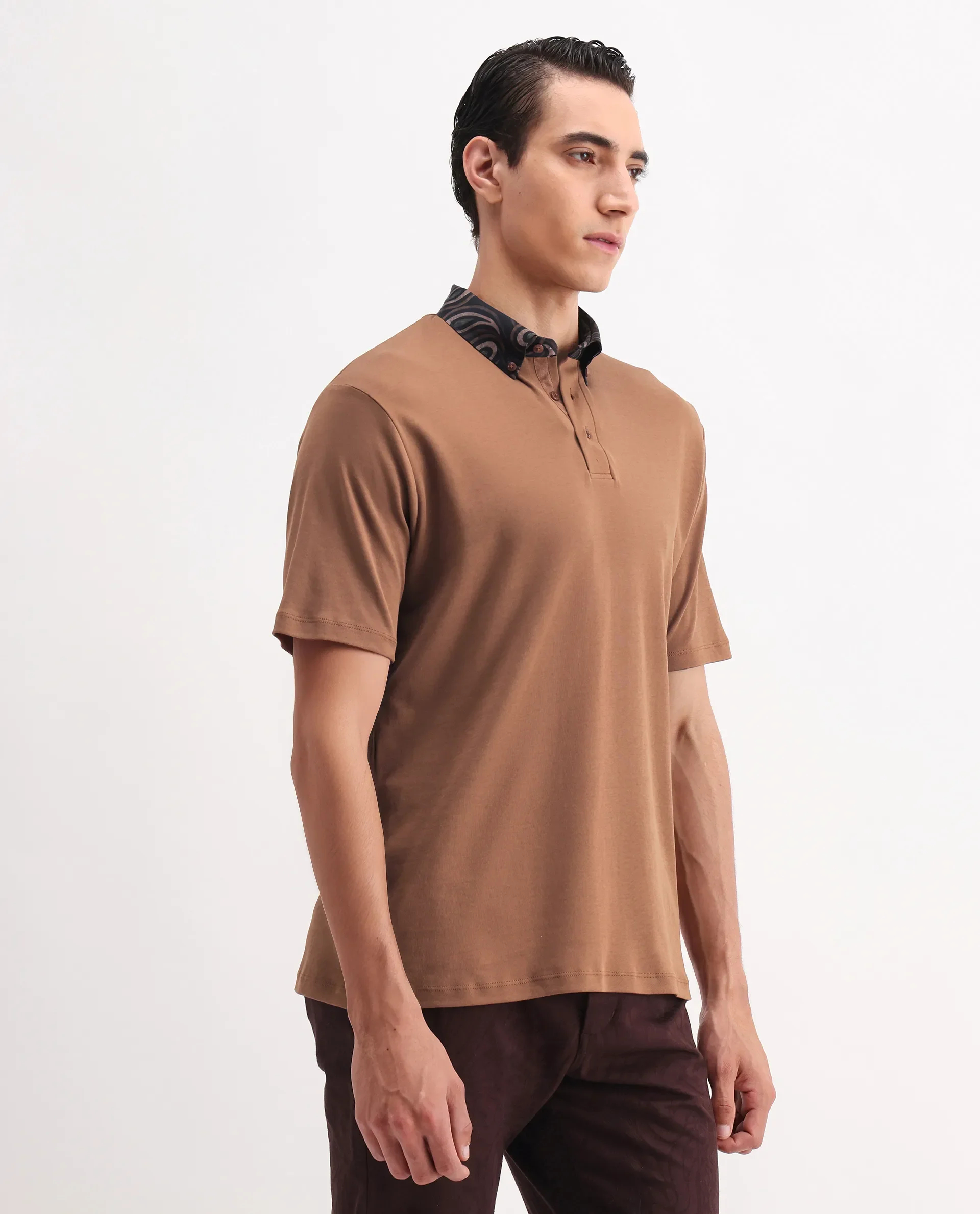 Rare Rabbit Men's Rings Dusky Brown Cotton Plain Regular Fit Half Sleeve Polo - Image 6