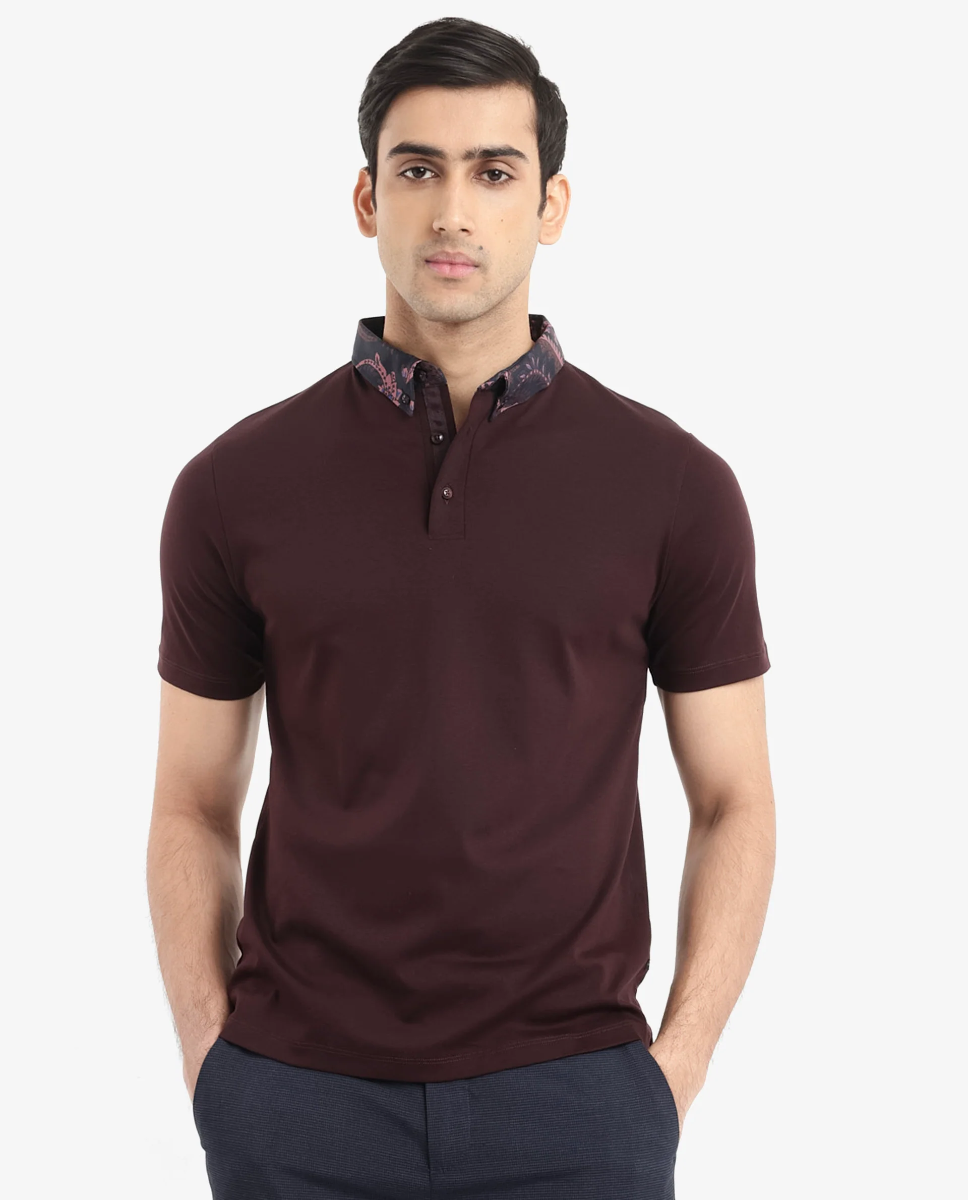 Rare Rabbit Men's Rings Maroon Cotton Plain Regular Fit Half Sleeve Polo