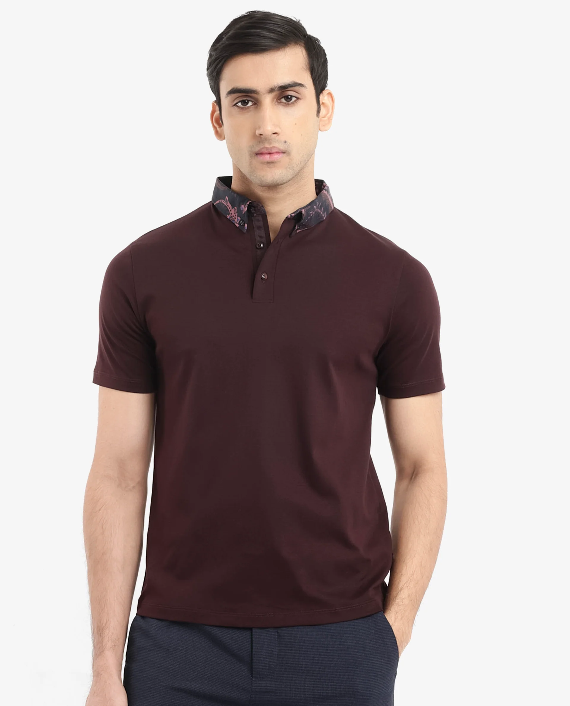 Rare Rabbit Men's Rings Maroon Cotton Plain Regular Fit Half Sleeve Polo - Image 4